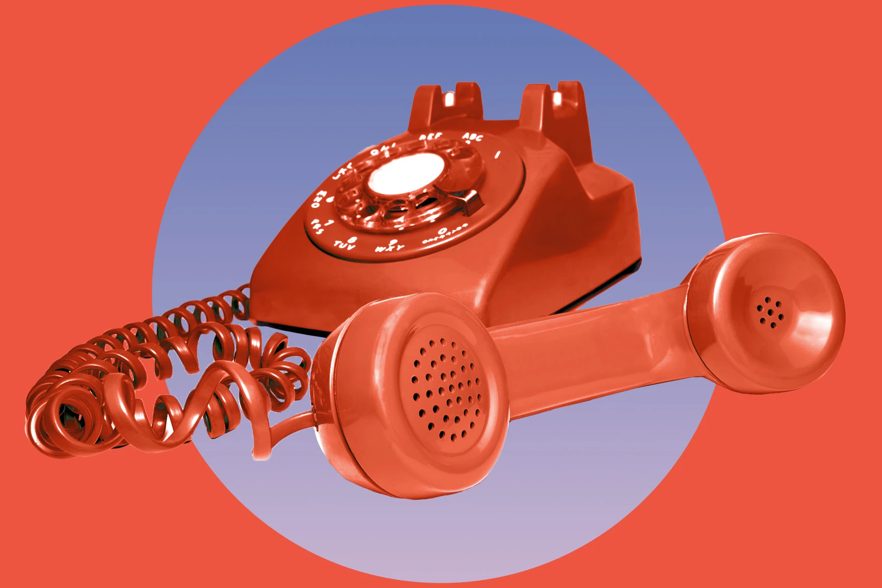 Red rotary phone with headset off the hook, on a gradient blue circle against a red background.