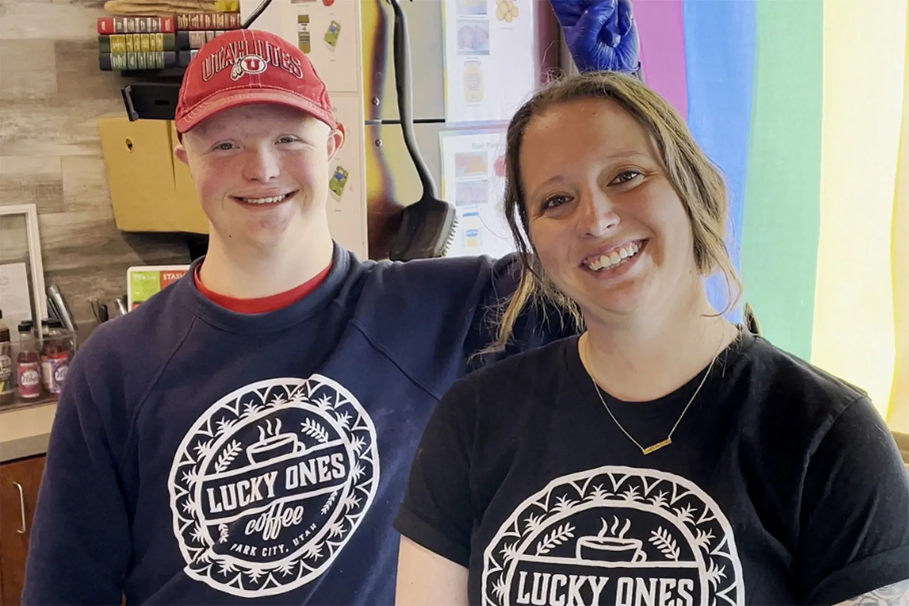 Two employees at Lucky Ones Coffee, a shop in Utah