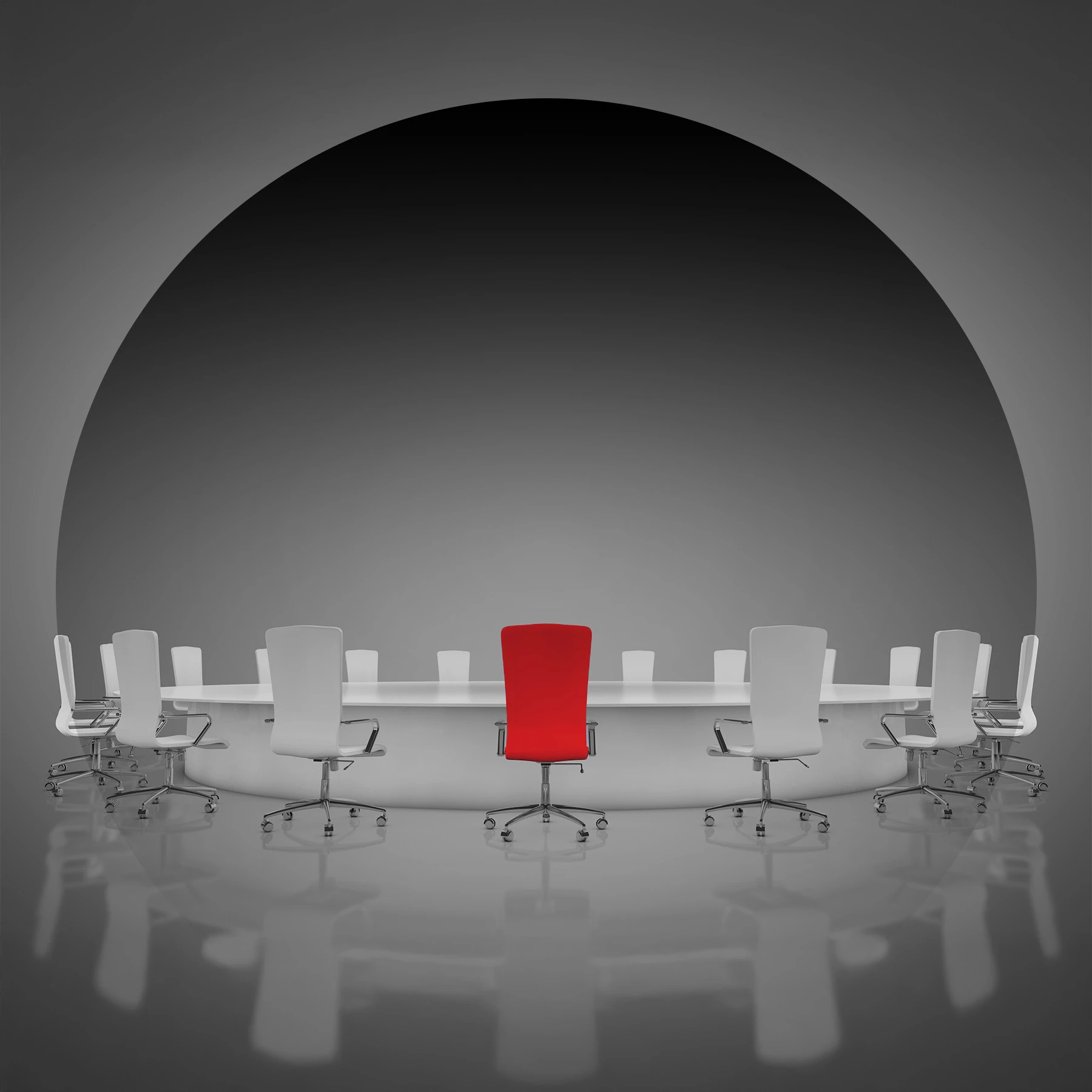 Chairs around round table, all chairs are white except for a red chair in the center of the frame.