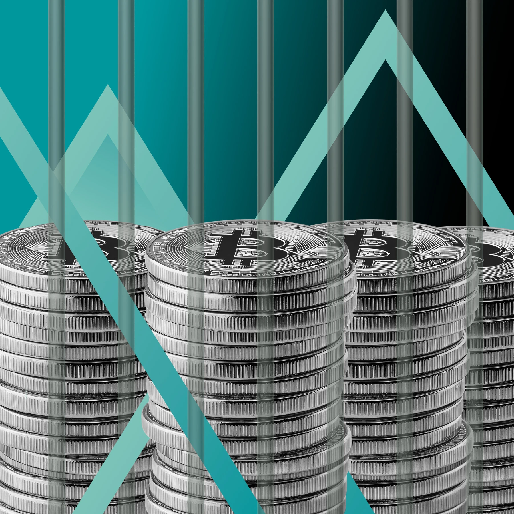 Bitcoins in stacks behind metal bars.