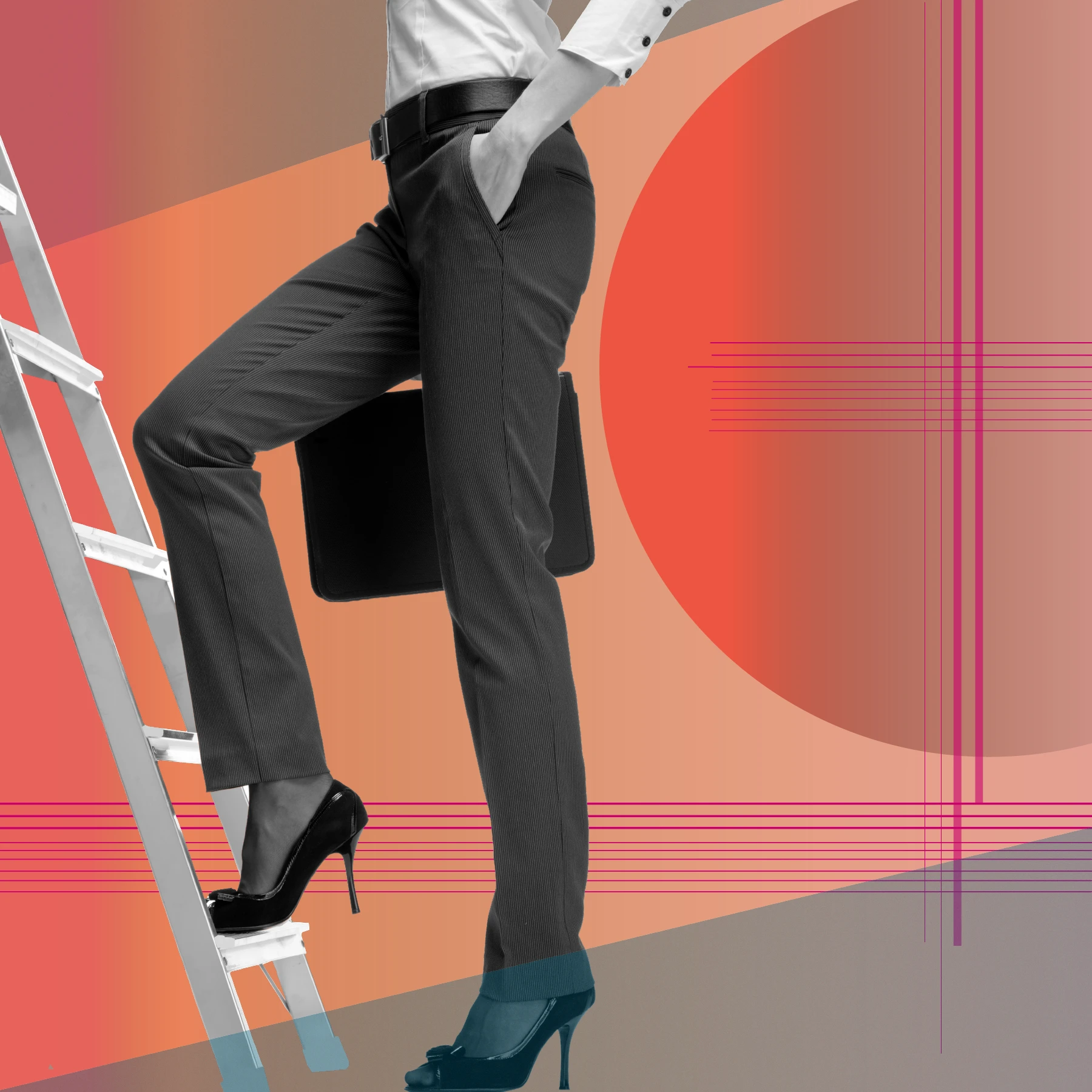 A person in grey pants, white button down shirt, and high heels steps onto a white ladder while holding a black briefcase. The background features abstract geometric shapes in orange, coral, and muted red tones with thin magenta lines.