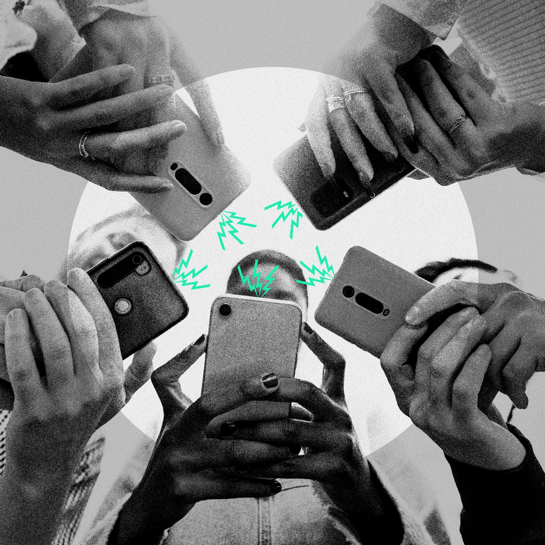 Low angle image with people on their cellphones getting alerts.