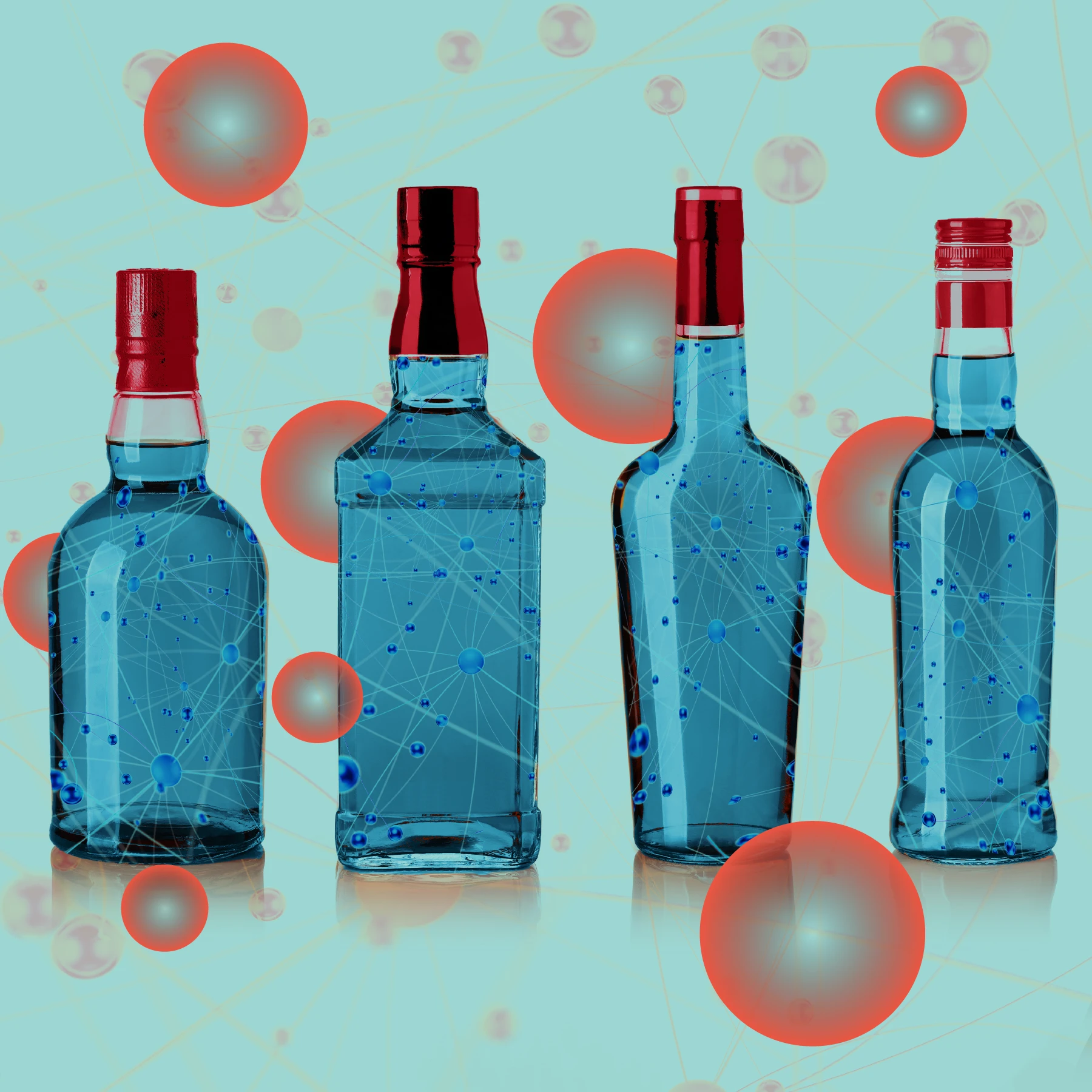 Four blue liquor bottles with red caps containing digital overlays of connected blue nodes and lines, against a teal background with floating red-orange spheres.