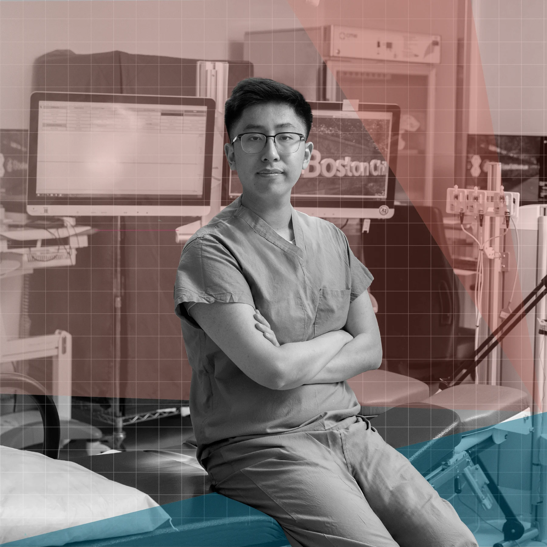 A black-and-white photo with a healthcare professional wearing scrubs and glasses, sitting on a medical exam table facing the camera with arms crossed. Behind them are monitors, medical equipment, and a clinical room, with subtle grid and color overlays.