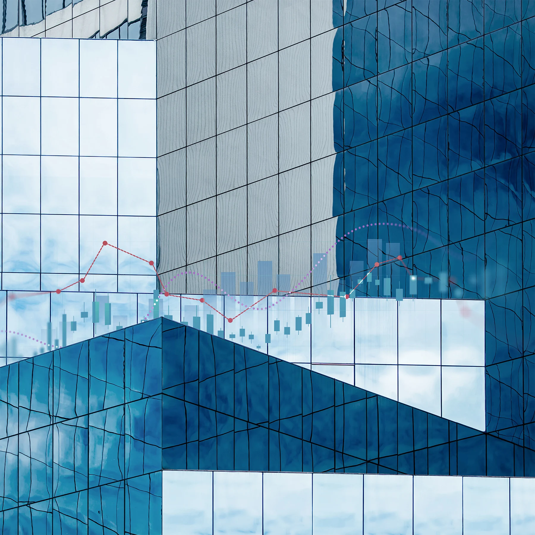 Glass building with reflection of other buildings in windows with a graph overlay.