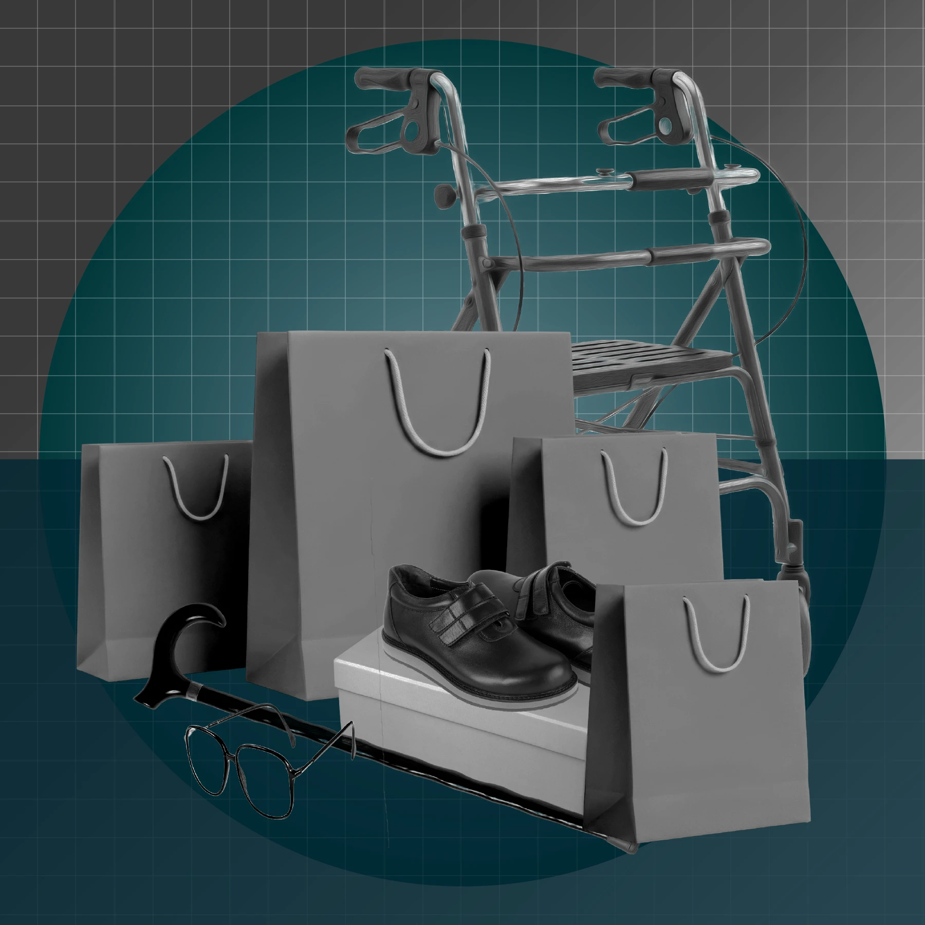Shopping bags, a shoebox with black orthopedic shoes, reading glasses, a cane, and a walker set against a teal grid background with a circular shape.