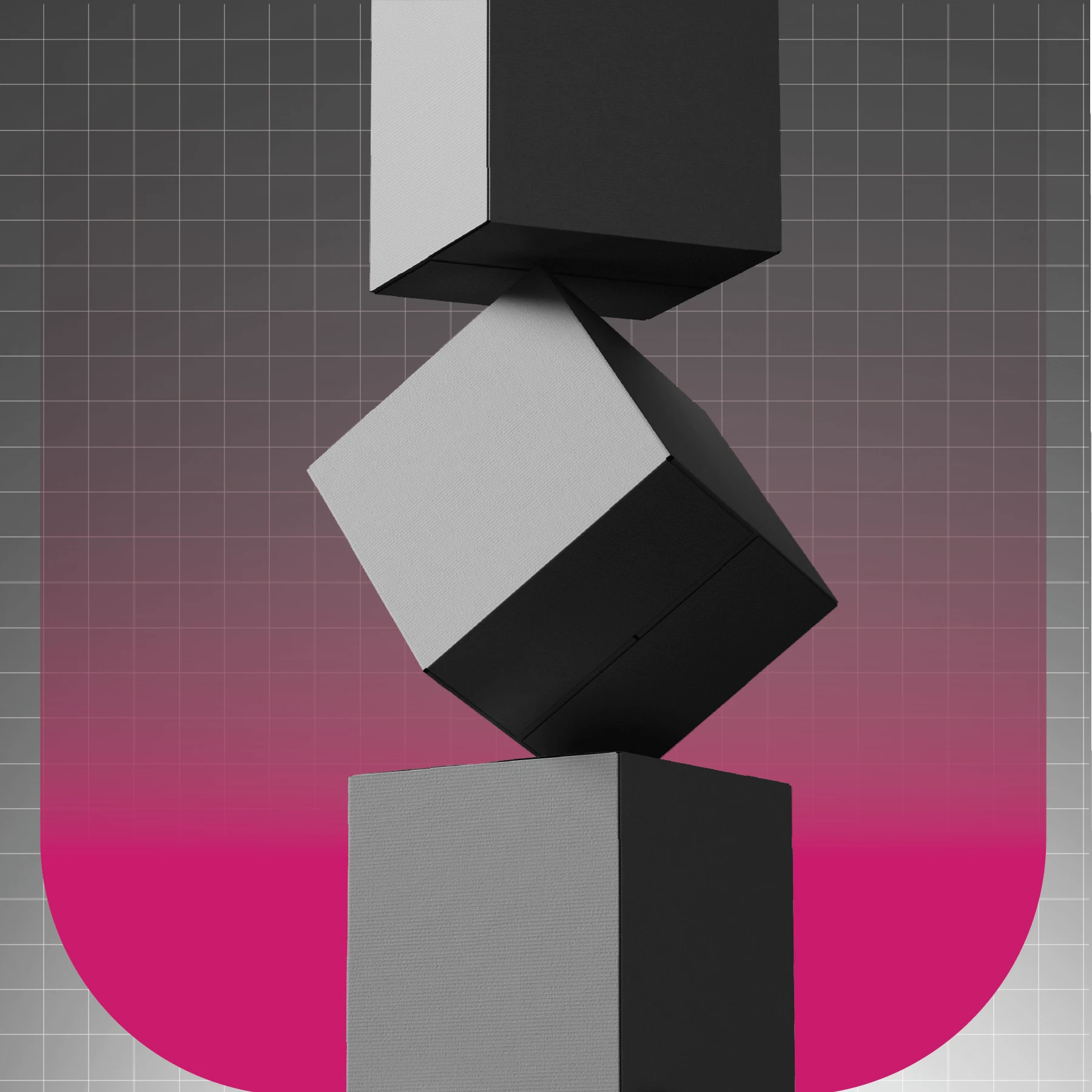 Three black-and-white cubes are stacked diagonally, with the middle cube balanced on one corner between a cube above and one below. The background features a gray grid over a pink-to-gray gradient with rounded corners.