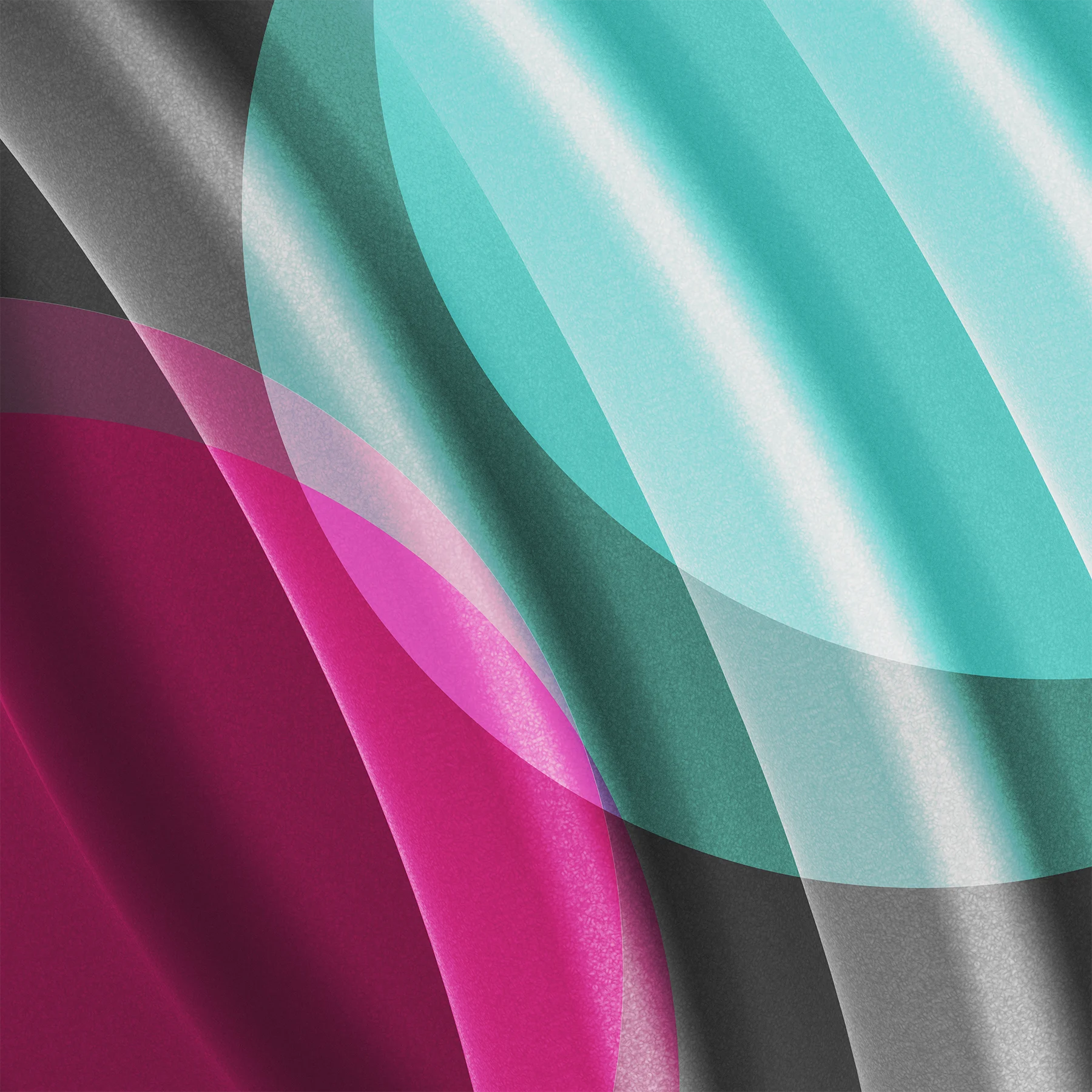 Abstract image with overlapping translucent cincles in magenta and teal shapes, blending together where the colors meet, on a background of textured charcoal gray curved forms.