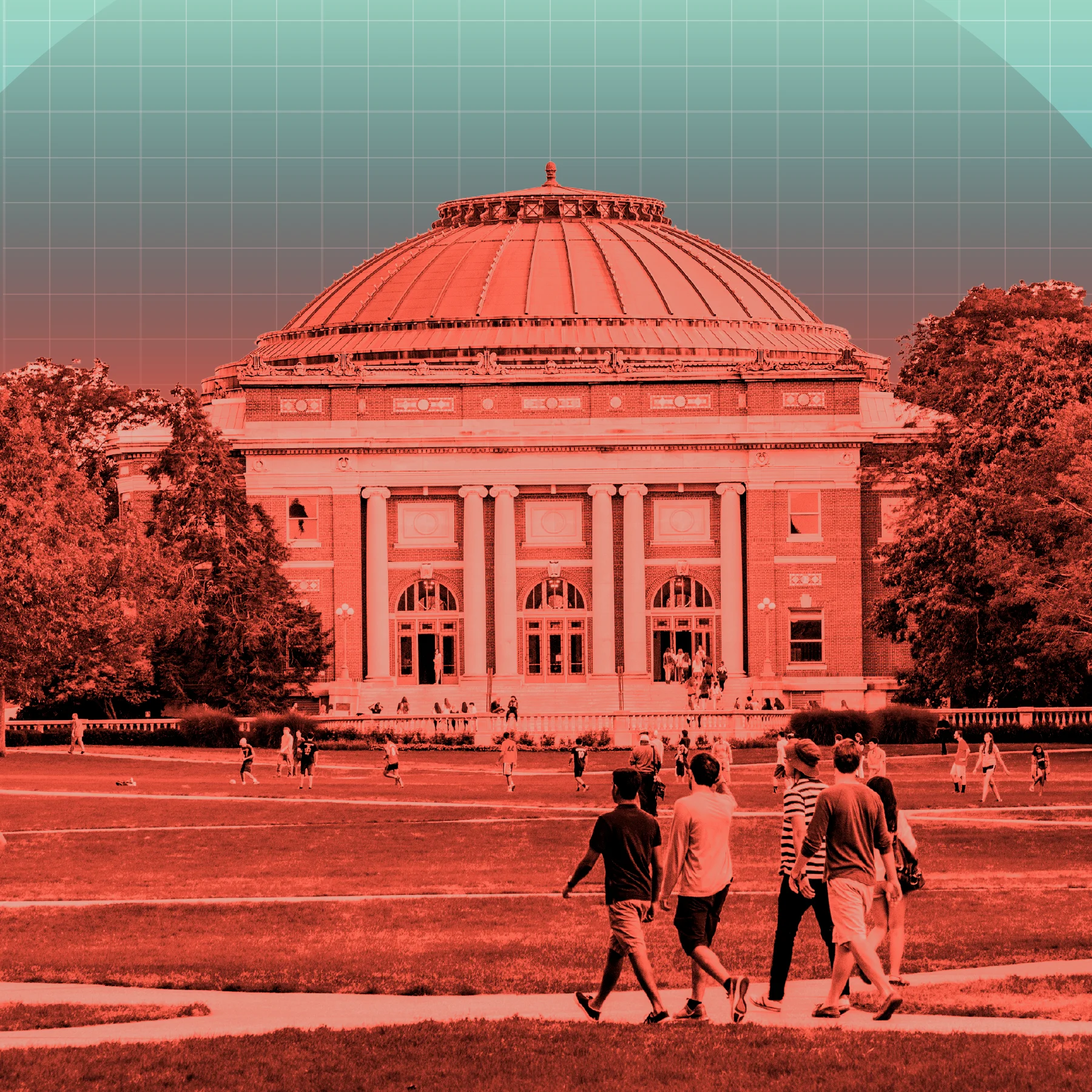 Large domed brick building with columns, surrounded by trees. People walk and gather on a lawn in front. The image is tinted red with a faint grid overlay and teal background.