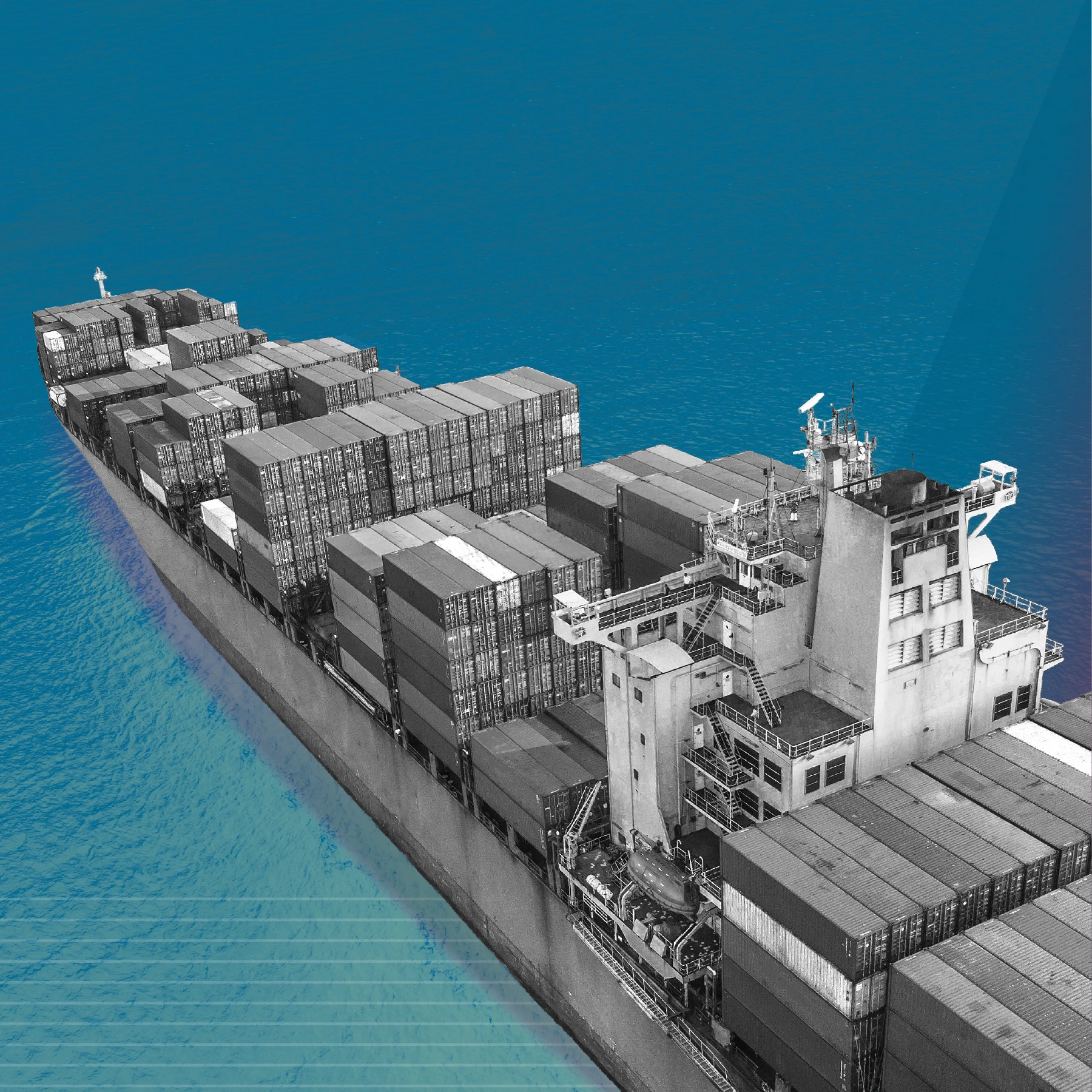Black-and-white container ship loaded with rows of stacked shipping containers, viewed from above on blue water. Faint geometric overlays and horizontal lines appear across the image.
