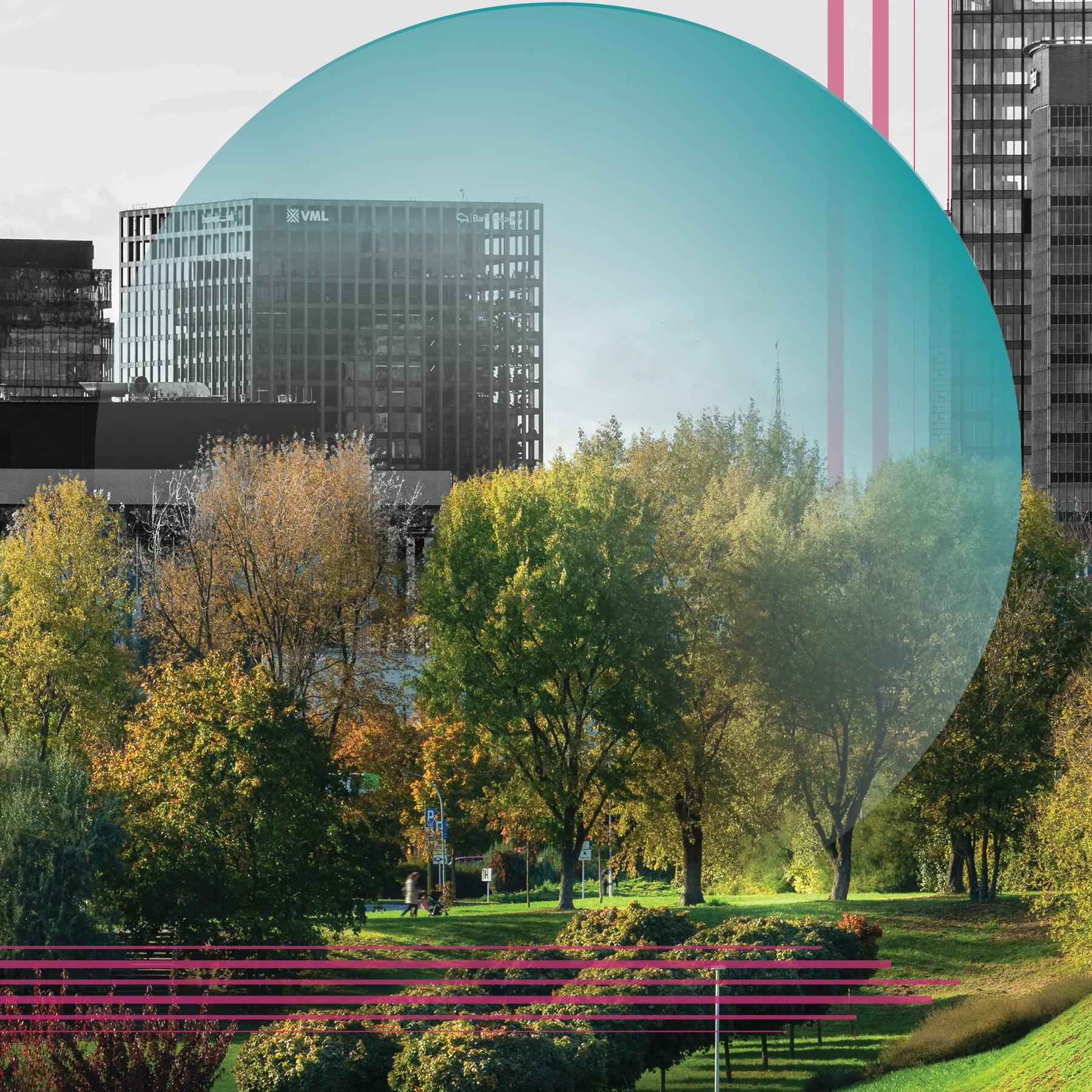 Park with green grass, trees, and shrubs in the foreground, with black and white buildings in the background. A large translucent teal circle and pink horizontal and vertical lines overlay the image.