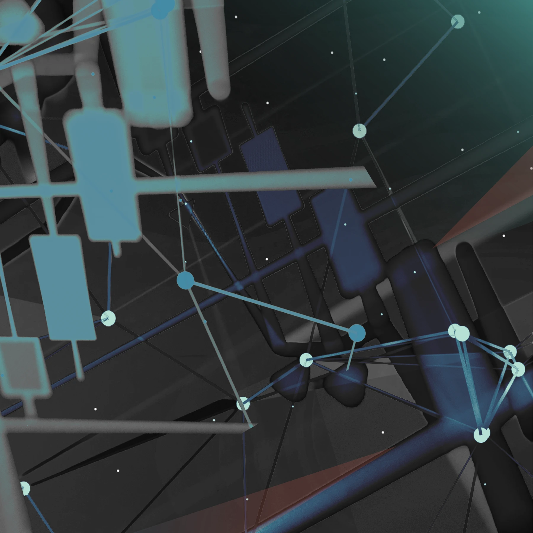 Abstract image with financial candlestick charts overlaid with glowing nodes and connecting lines. Dark background with blue, teal, and subtle red highlights.