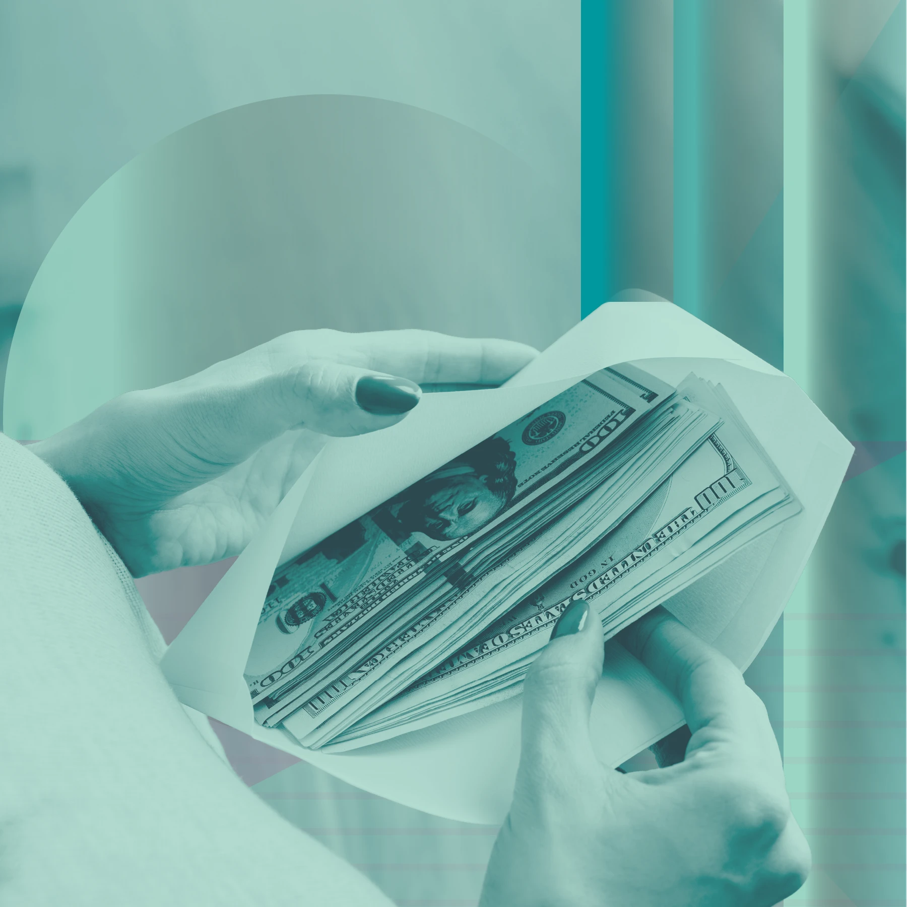 A teal-tinted close-up of someone holding an open envelope filled with hundred-dollar bills.