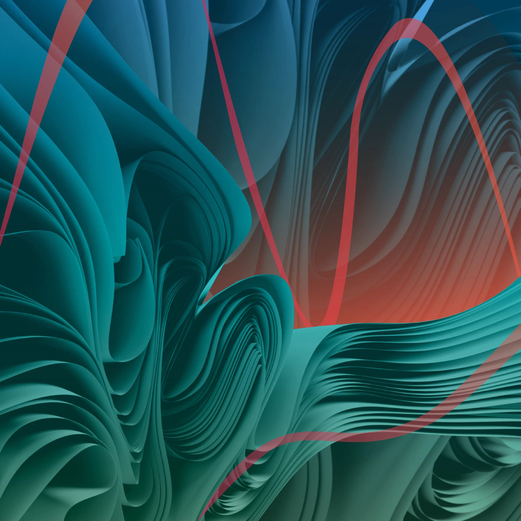 Astract image with layered teal shapes resembling folded paper, with soft shadows and depth. Curved red lines overlay the scene.