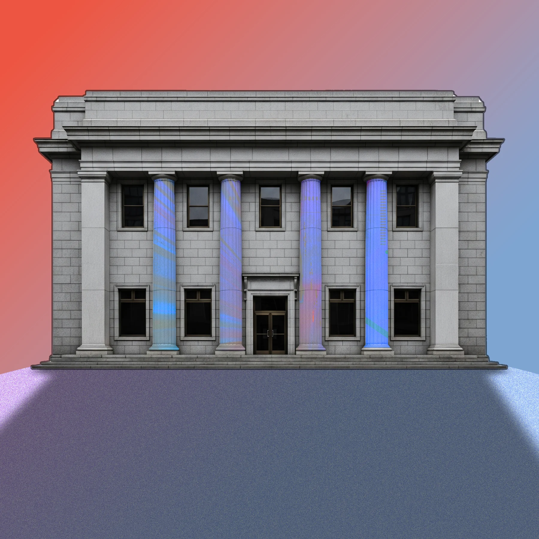 Gray stone building with a symmetrical facade, tall columns, and a central entrance. The columns are overlaid with blue and purple digital patterns. The background fades from red to blue, with a wide gray foreground.