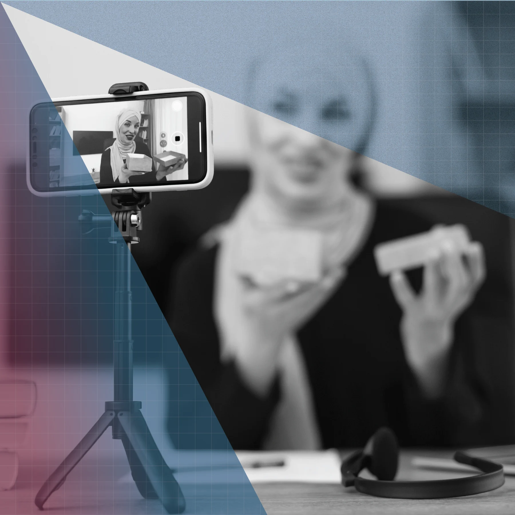 Smartphone on a tripod records a person wearing a headscarf holding an open box. The person appears blurred in the background, while their image is in focus on the phone screen. Blue and purple geometric overlays cover parts of the image.