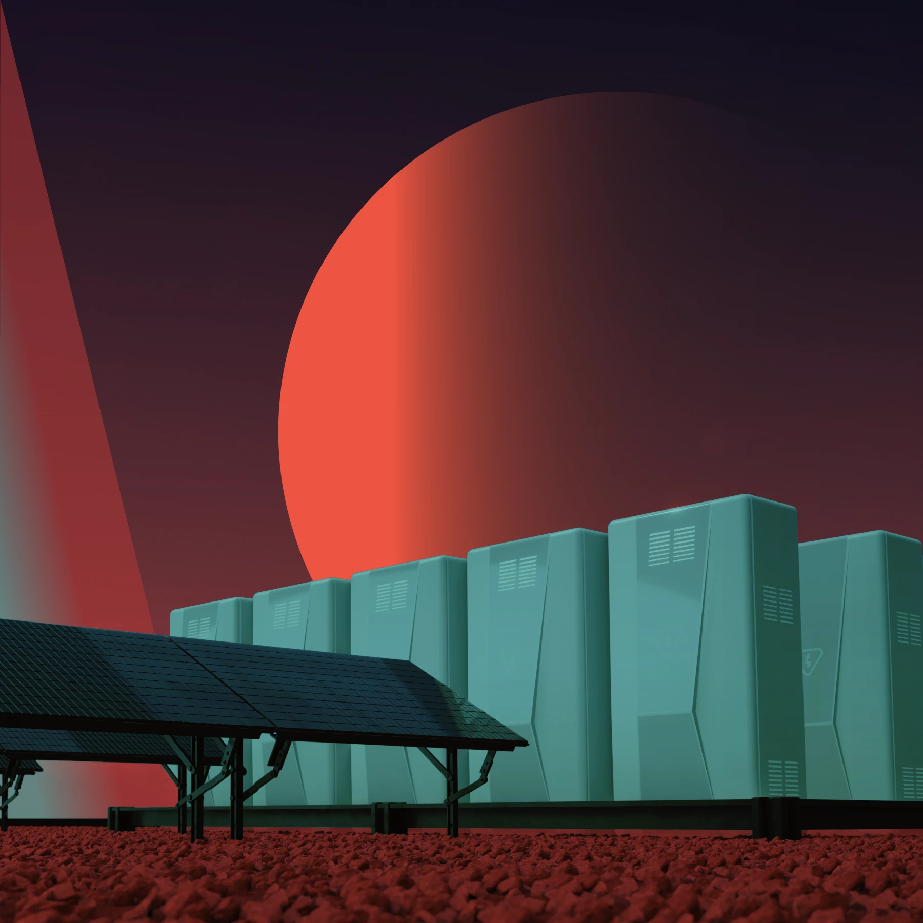 Solar panels sit in the left foreground, with tall solar battery storage units behind them to the right. The panels are dark blue, the batteries are teal, and they're set on a red rocky ground against a dark background with red, orange, and teal gradients.