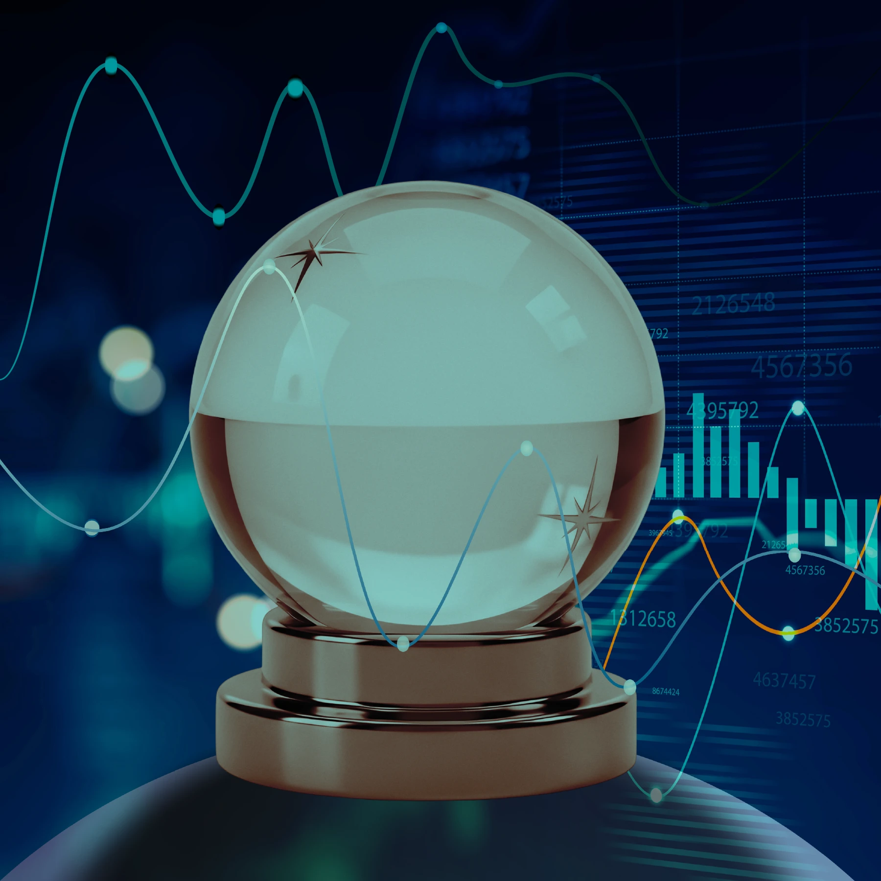 A glass crystal ball sits on a metallic base in the center of the image. Behind it, a dark blue grid background displays overlapping line graphs, bar charts, and numerical data in teal, blue, and orange.