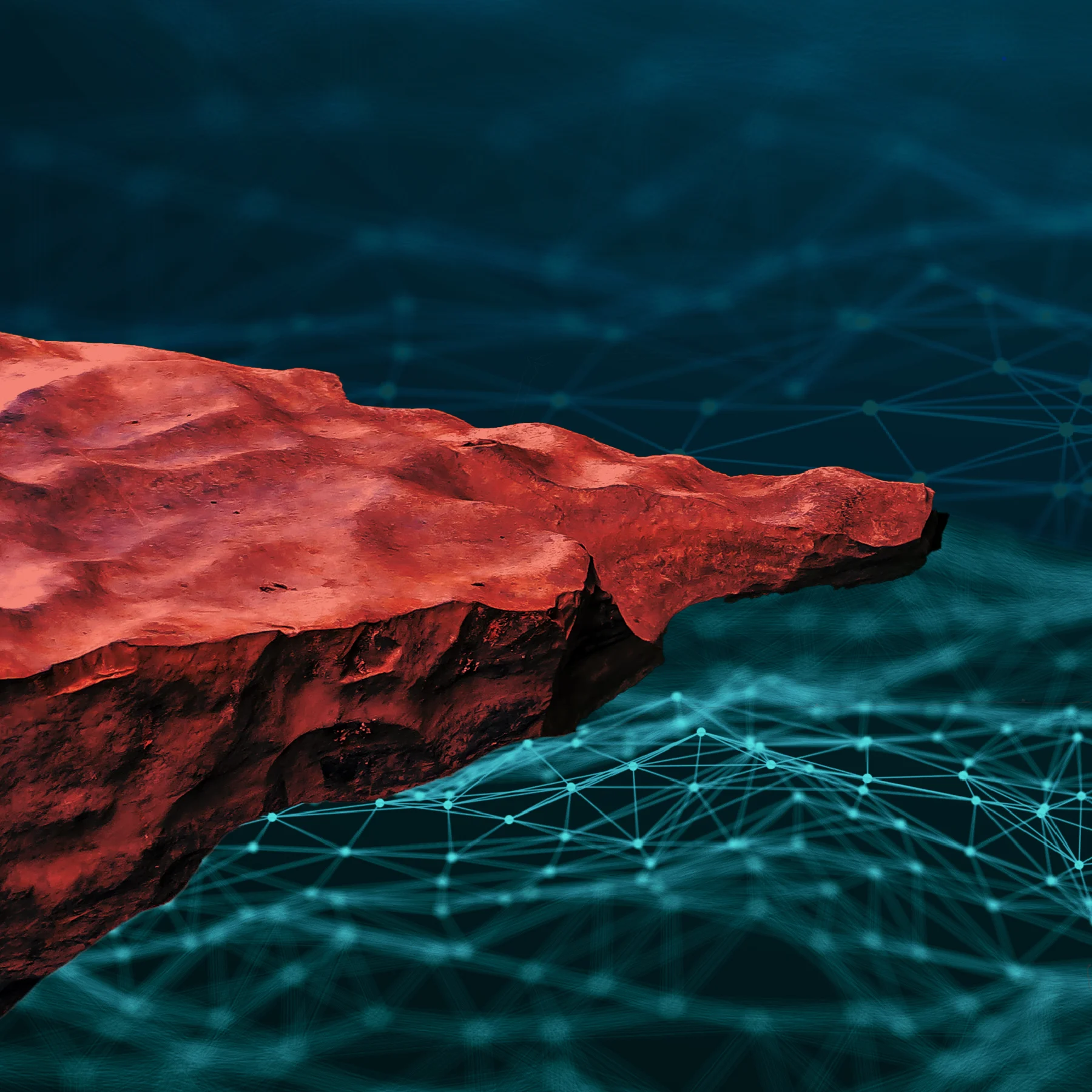 A large red cliff formation extending over a sea of teal abstract glowing network lines.
