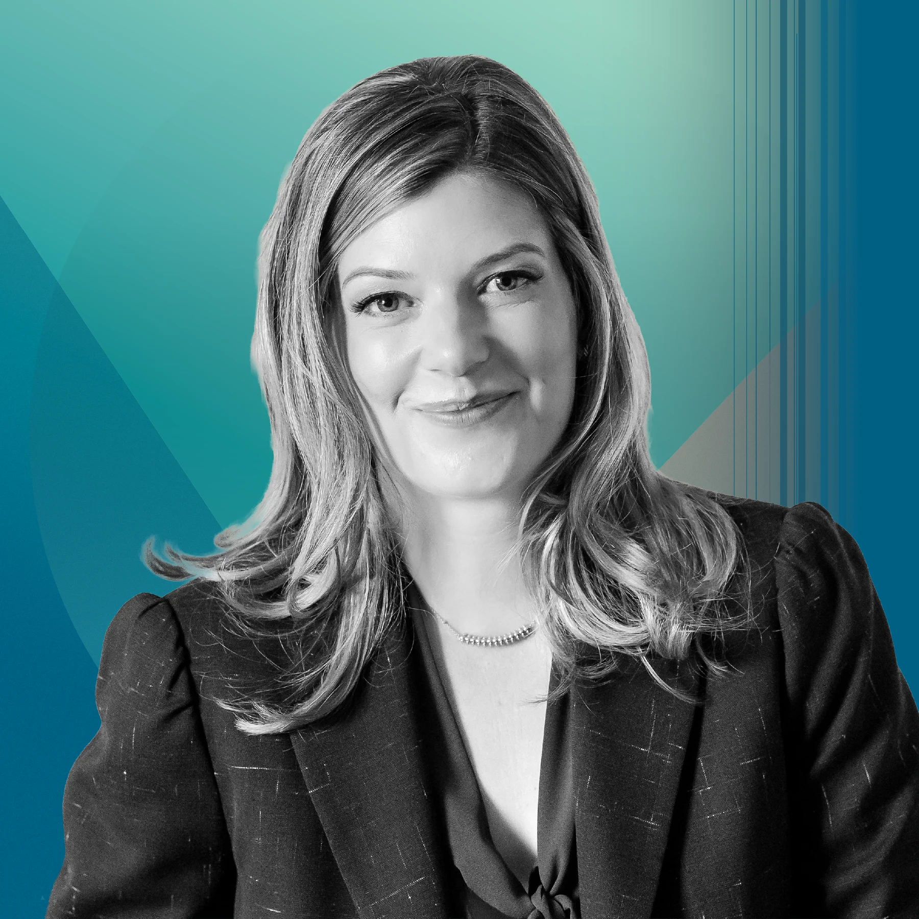 A black-and-white portrait of a woman with shoulder-length hair, smiling at the camera. She wears a blazer and necklace, set against a teal background with geometric shapes and vertical lines.