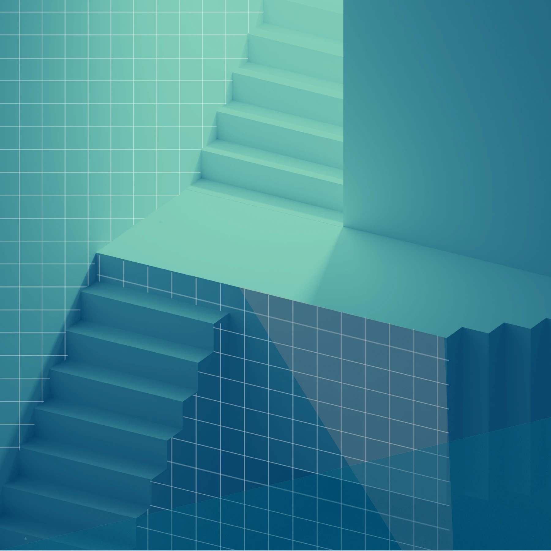 Teal illustration of geometric stairs and platforms overlaid with grid lines.