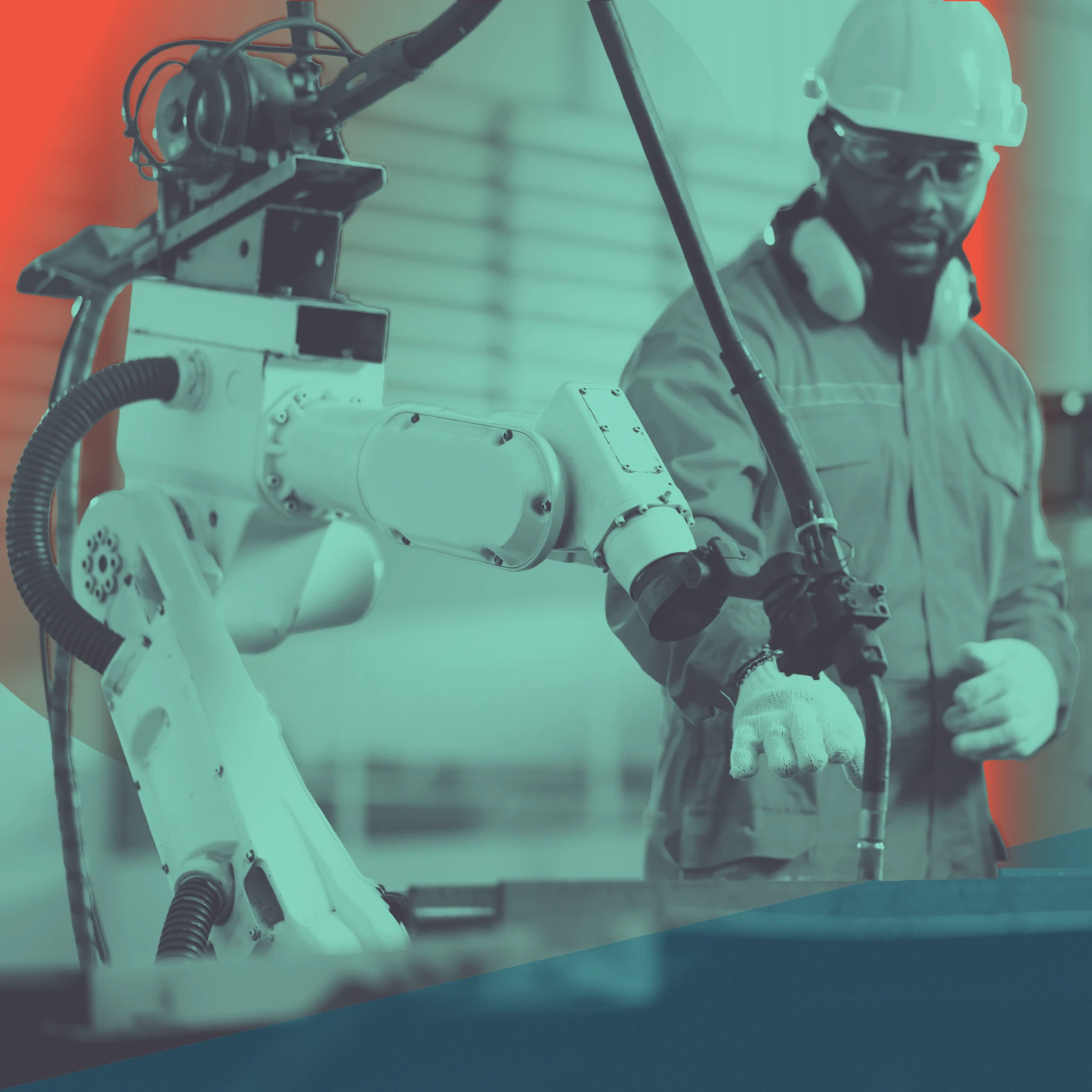 A worker in protective gear stands next to a large robotic arm in an industrial setting. The image is tinted teal, with curved red and blue graphic shapes overlaid along the edges.