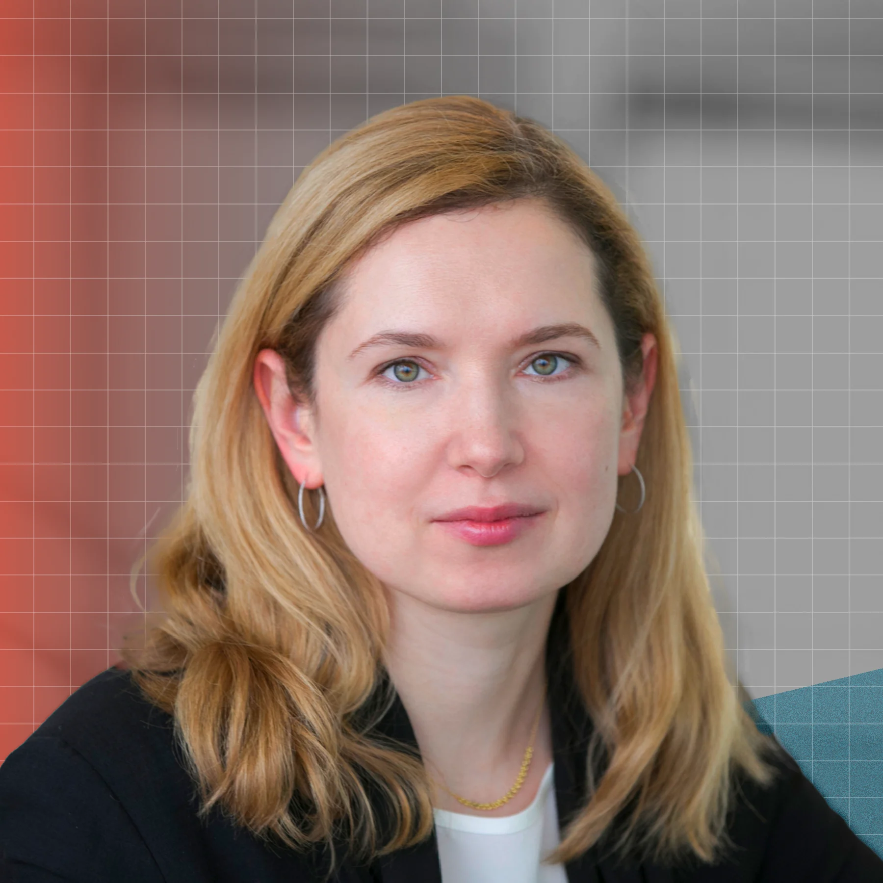 Portrait of a woman with shoulder-length blonde hair wearing a black blazer, white top, and small hoop earrings. She faces the camera with a neutral expression against a blurred background with a faint grid overlay and red and blue graphic accents.