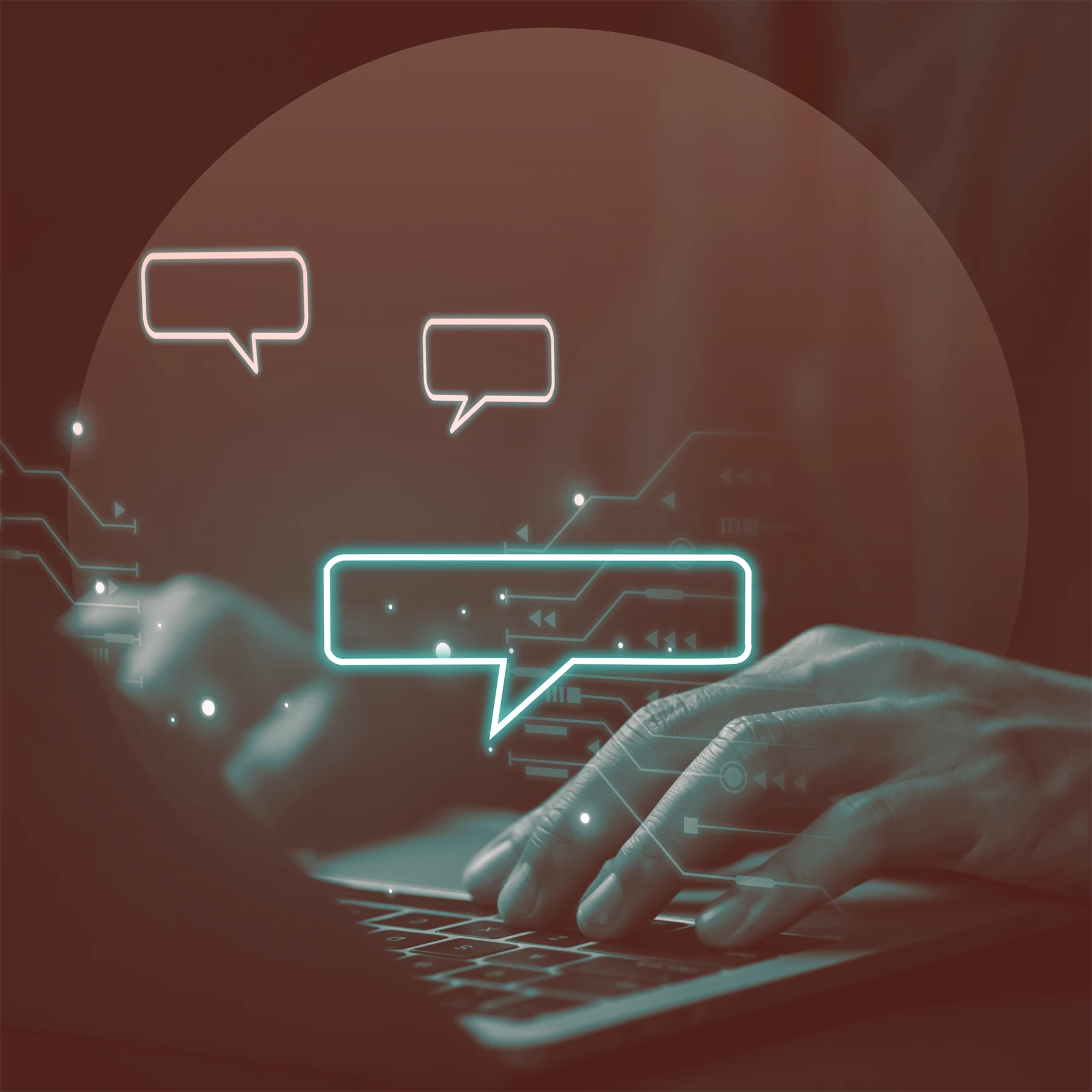 Close-up of hands typing on a laptop keyboard, with several glowing digital speech-bubble icons floating above the keys.