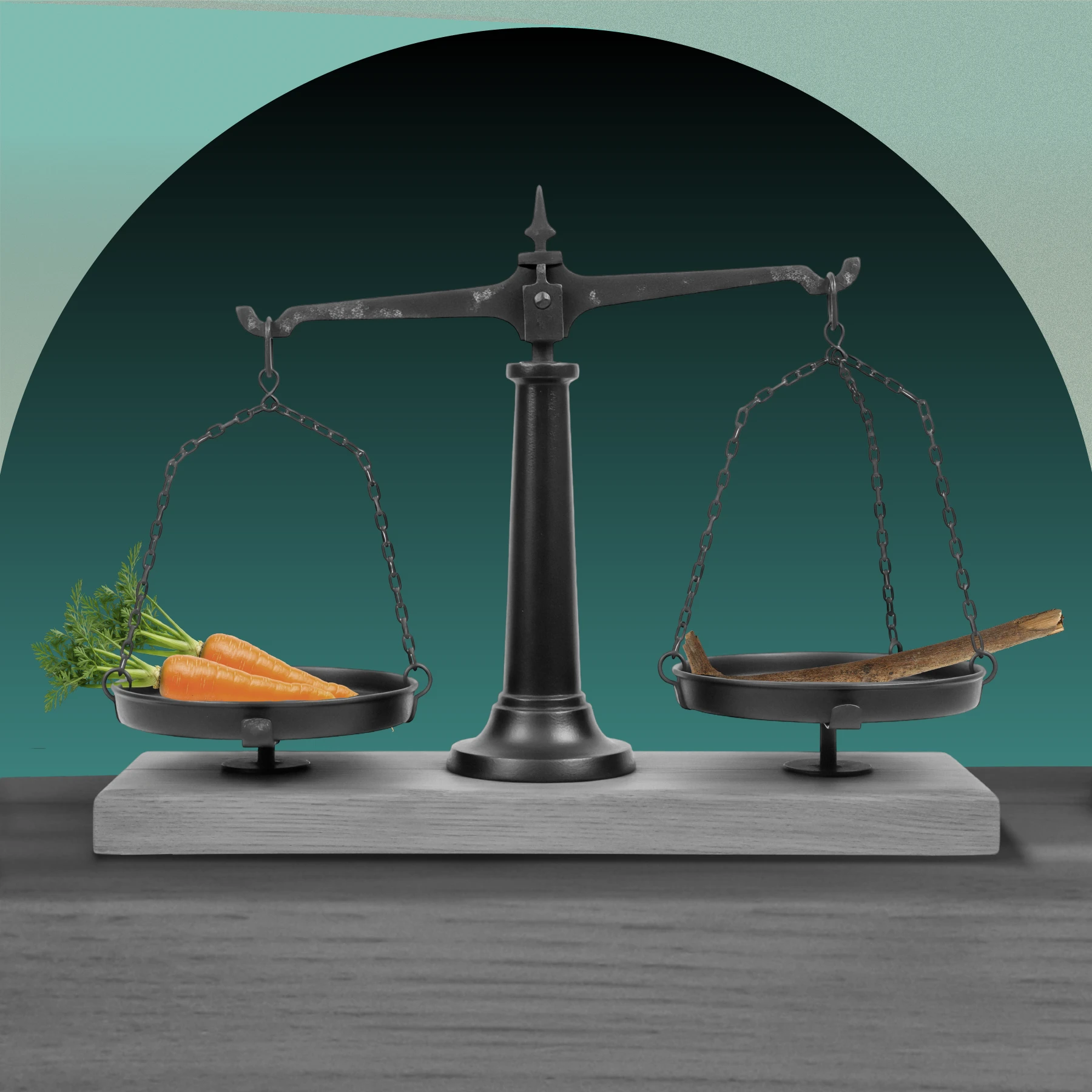 A balance scale with carrots on one side and a stick on the other. Set against a teal gradient background with a circular shape.