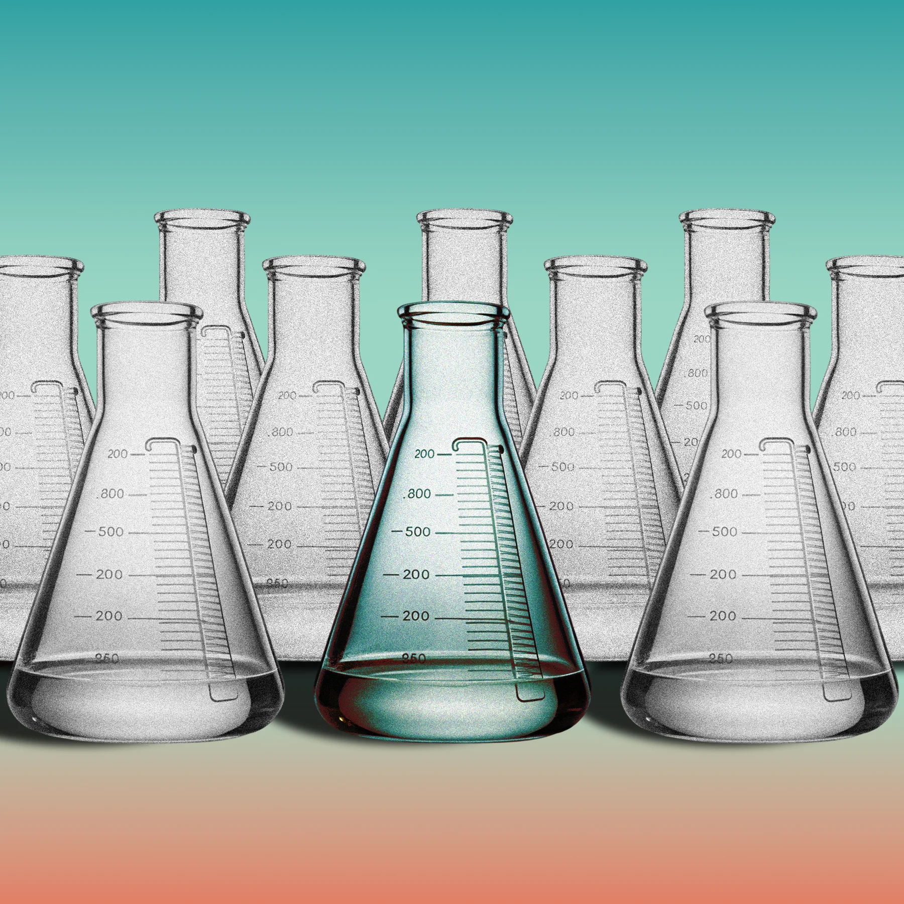 A cluster of test tubes on a red surface against a teal background. All the test tubes are black and white, except for the center one which is lit up and teal.
