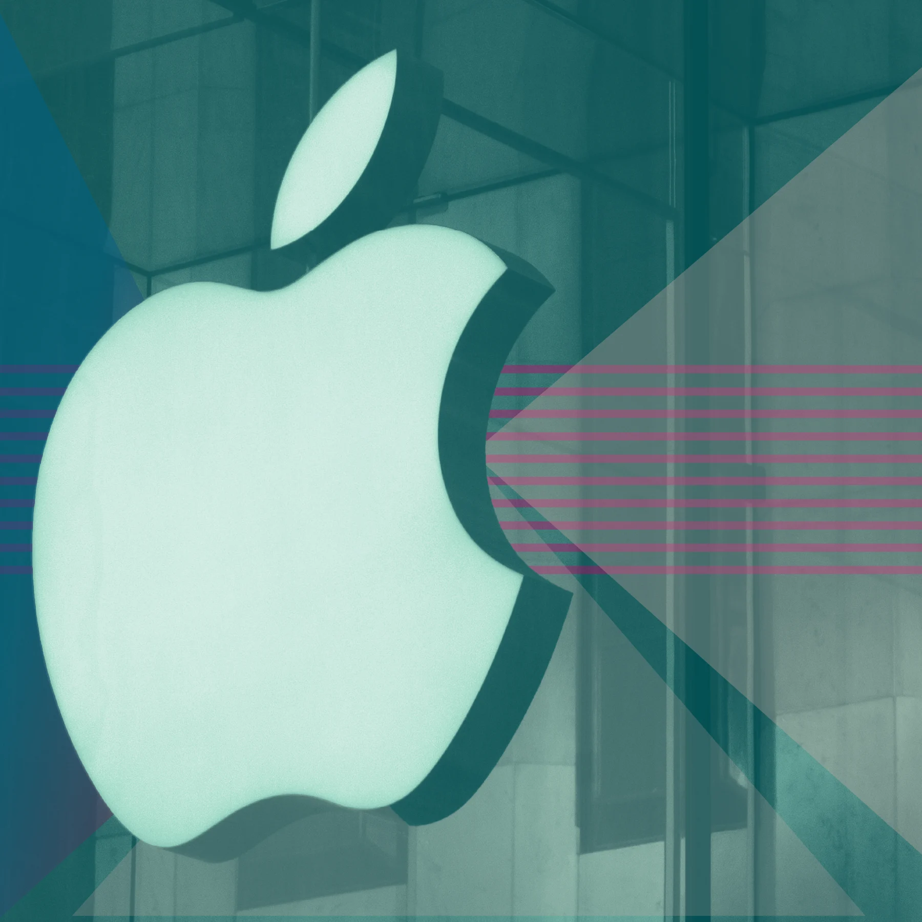 Apple logo mounted on a glass building, tinted teal. Abstract triangular shapes and horizontal lines overlay the image.