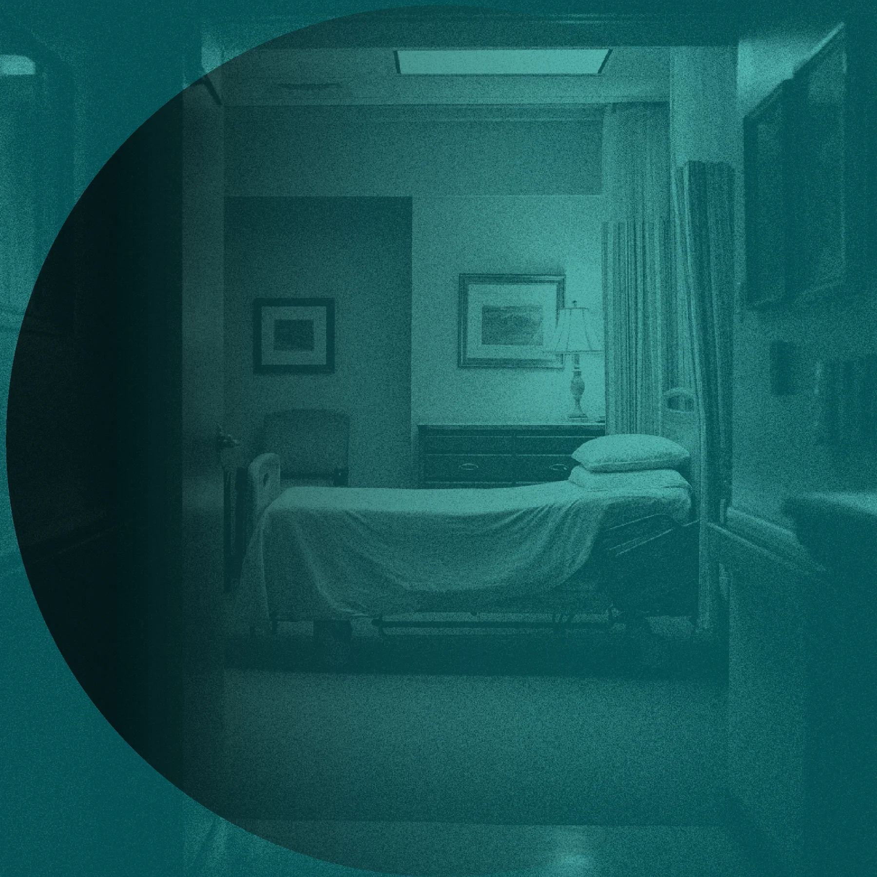 A room with a medical bed covered in white sheets and pillows. A bedside table with a lamp, framed pictures on the wall, a chair, and a partially drawn privacy curtain are visible, with a teal tint over the image.