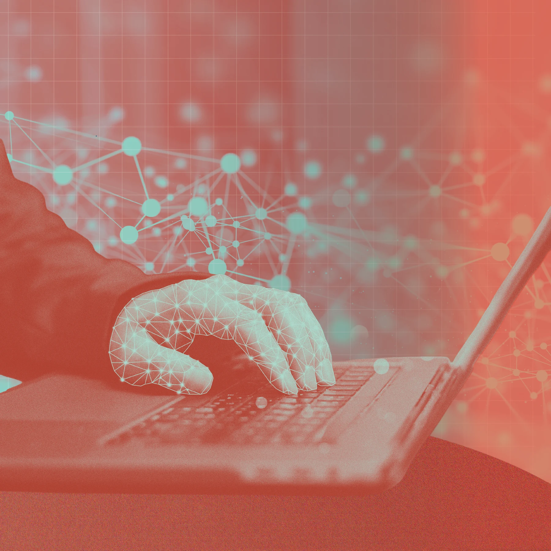 A close-up of a hand typing on a laptop keyboard. The hand is overlaid with a glowing geometric network pattern, with connected dots extending across the image. The background features a red gradient with a faint grid and additional network lines.