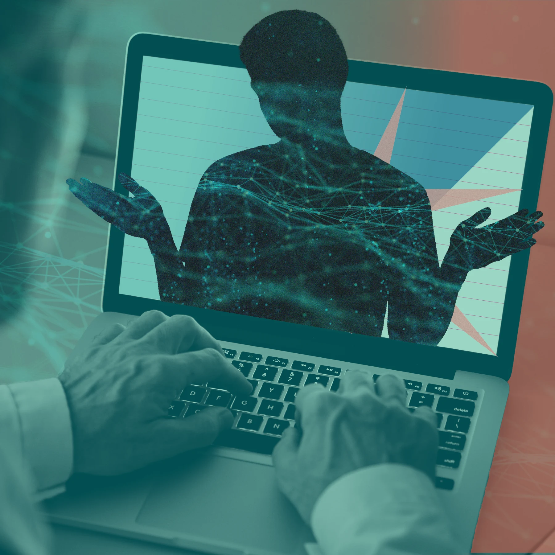 A person’s hands type on a laptop keyboard. On the screen, a silhouetted figure with overlaid with abstract network lines and dots, has their hands half raised in an "I don't know" gesture. The image uses teal and muted red tones.