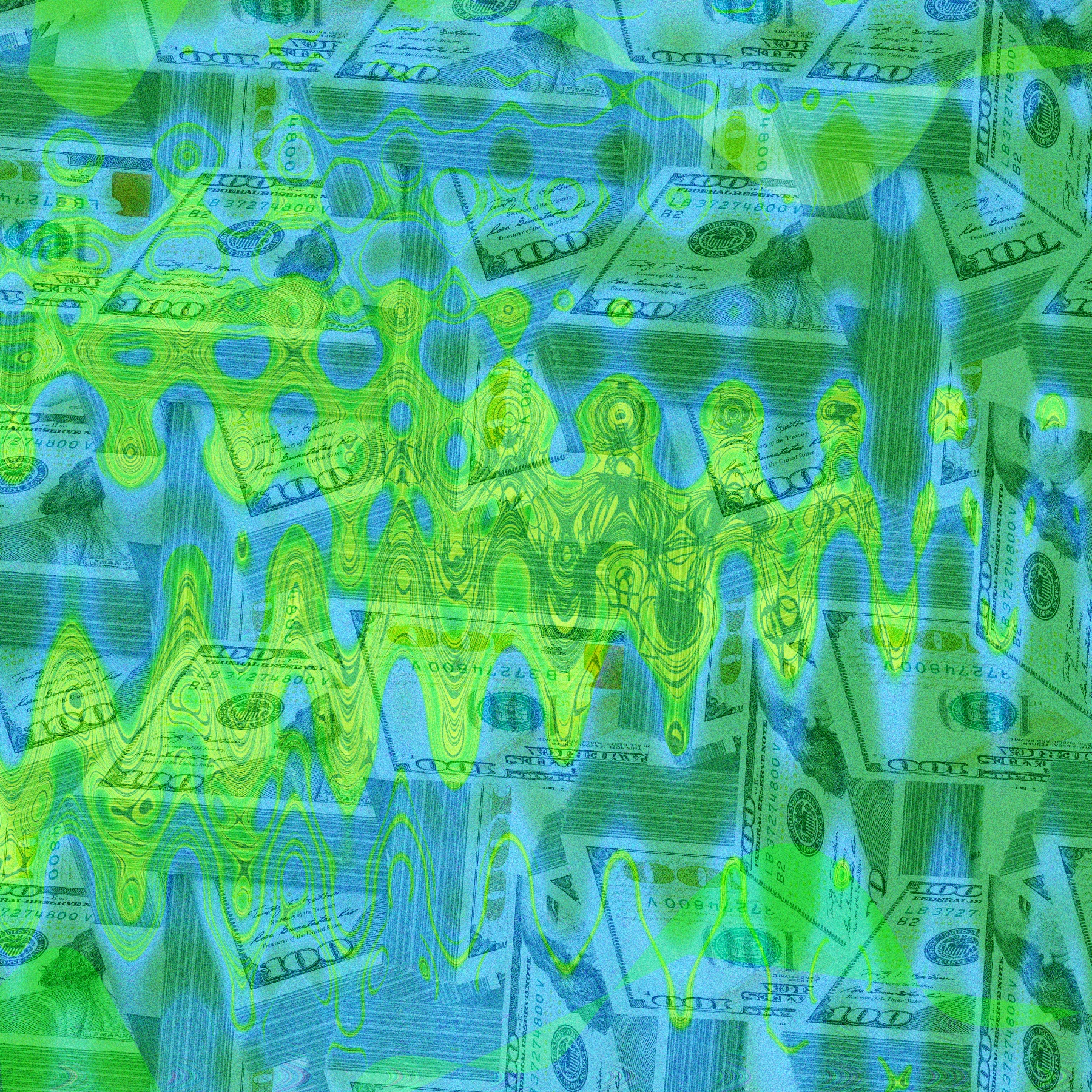 Alt text: Abstract collage of overlapping $100 bills in vivid neon green and blue, distorted with wavy lines and circular patterns.
