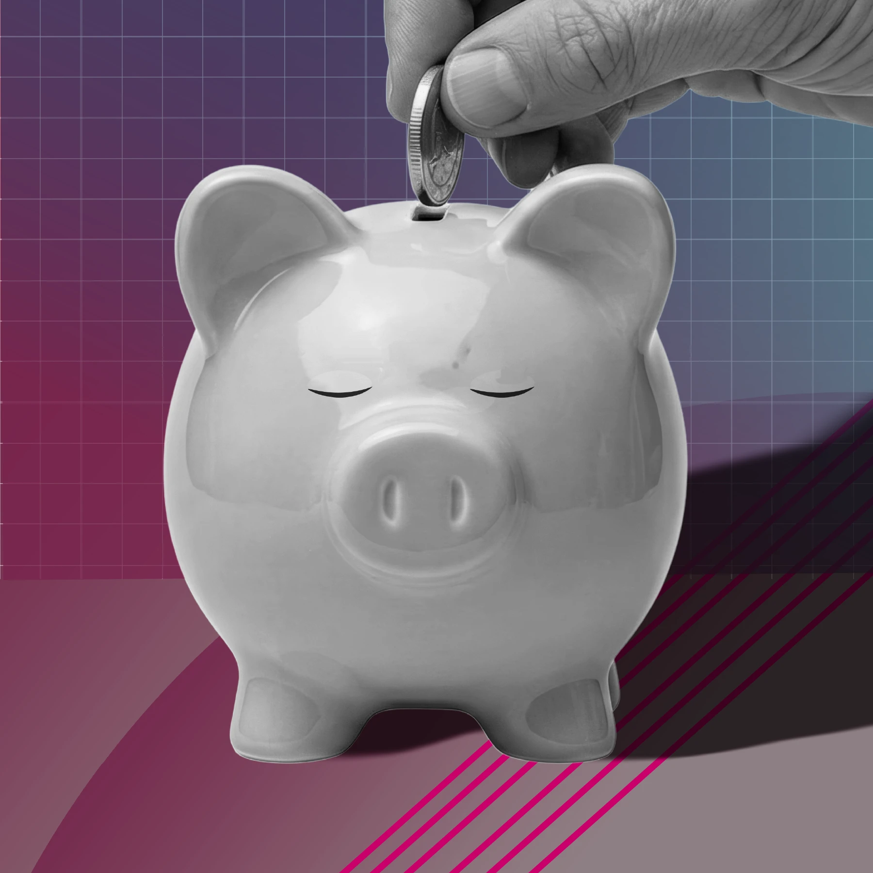 A black and white close-up of a hand placing a coin into a piggy bank with closed eyes. The background features a purple-to-blue gradient grid with geometric shapes and diagonal lines.