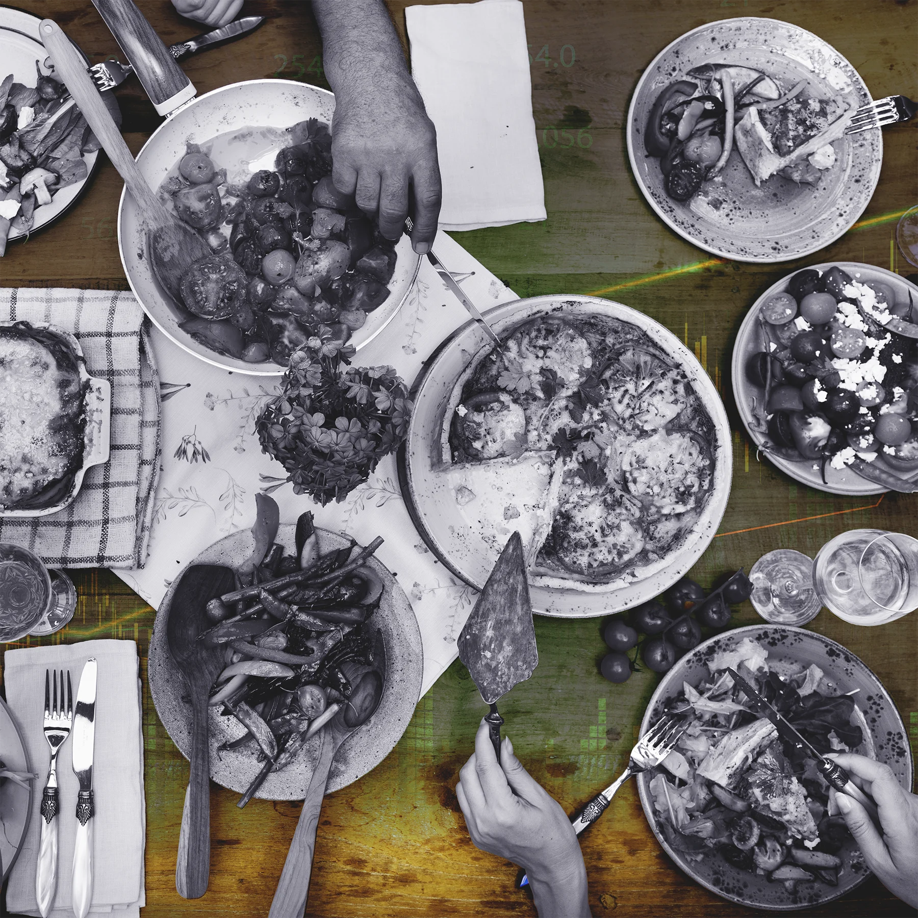 Black-and-white overhead view of two people serving themselves food at a dinner table. Muted green and orange digital lines and numbers are overlaid on the wooden table.