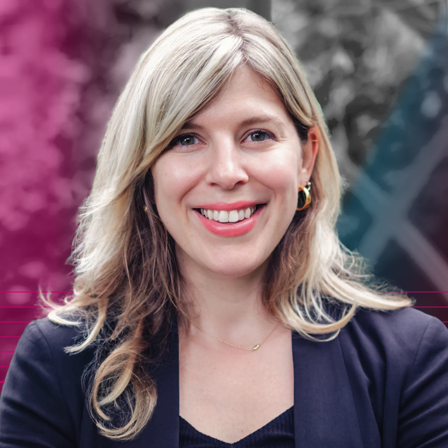 Close-up portrait of a smiling woman with shoulder-length blonde hair, wearing a dark blazer and gold jewelry, against a blurred background with magenta and blue overlays.