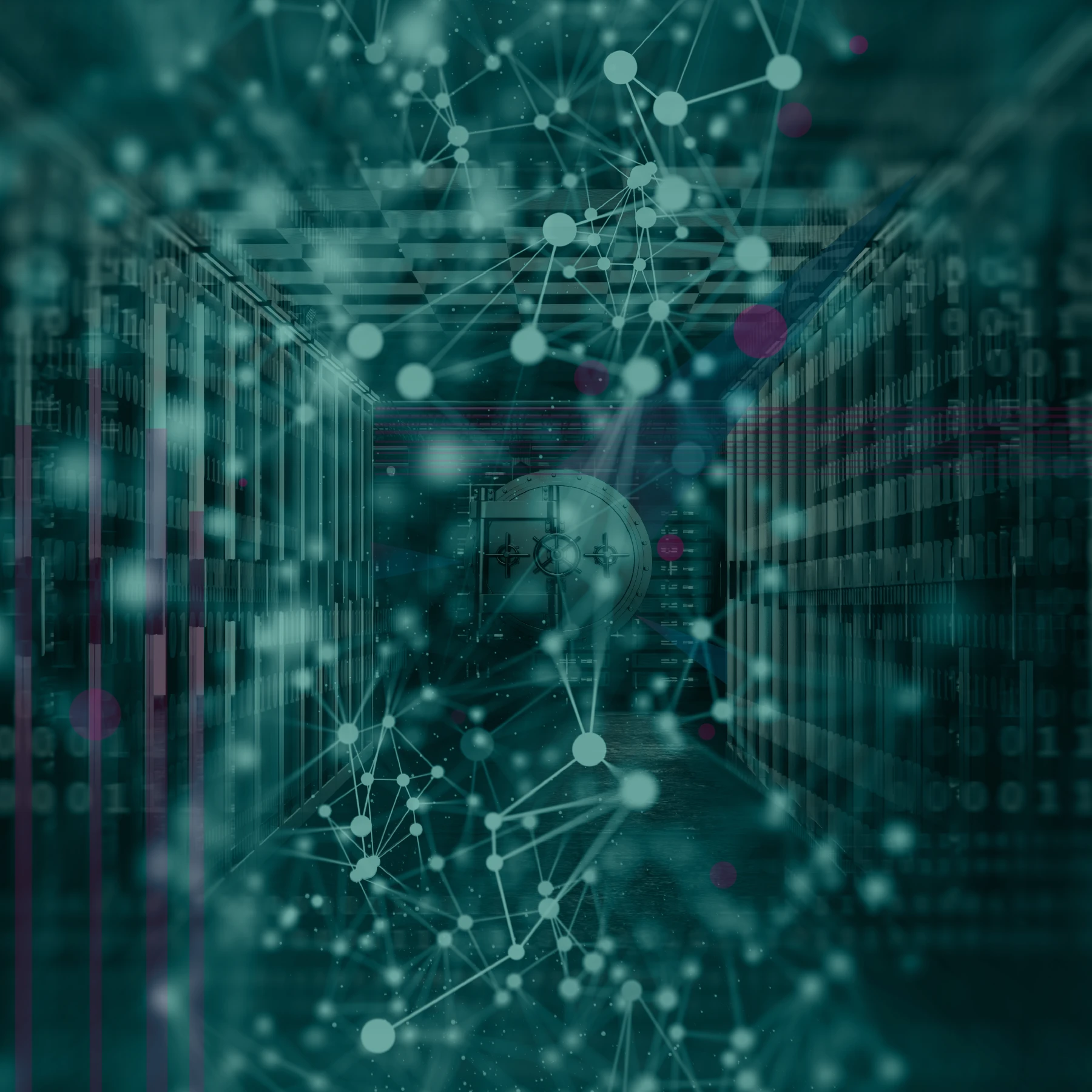 A hallway lined with server racks on both sides, leading to a large circular vault door at the end. A digital overlay of glowing dots and connecting lines forms a network pattern across the teal-toned image.