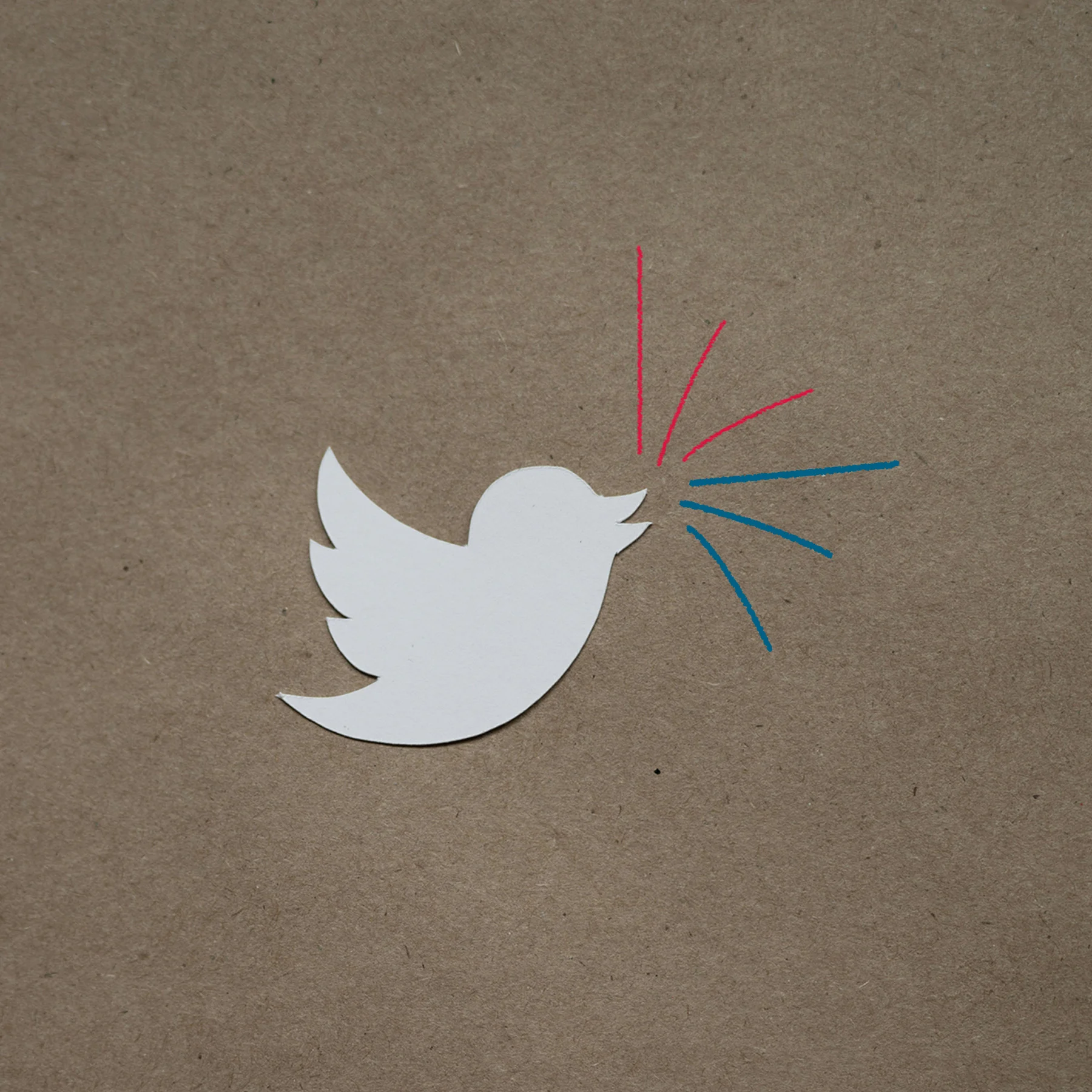 Cut out of bird resembling the Twitter logo with red and blue speech lines coming from mouth.