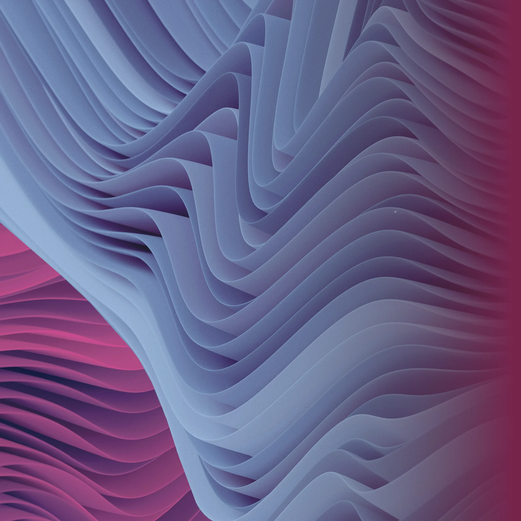Abstract layers of flowing, wave-like forms in soft blue and purple, with magenta accents.
