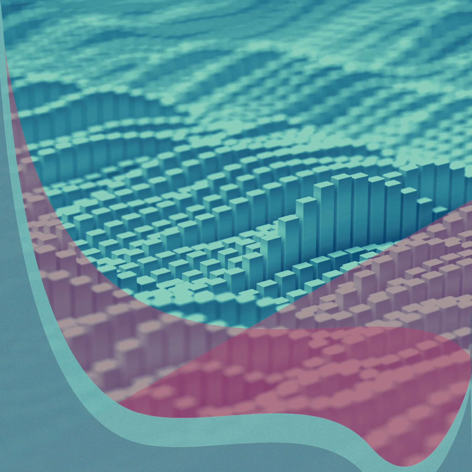 Abstract image with teal rectangular columns of varying heights arranged in a dense grid. Translucent blue and pink curved overlays frame the foreground.
