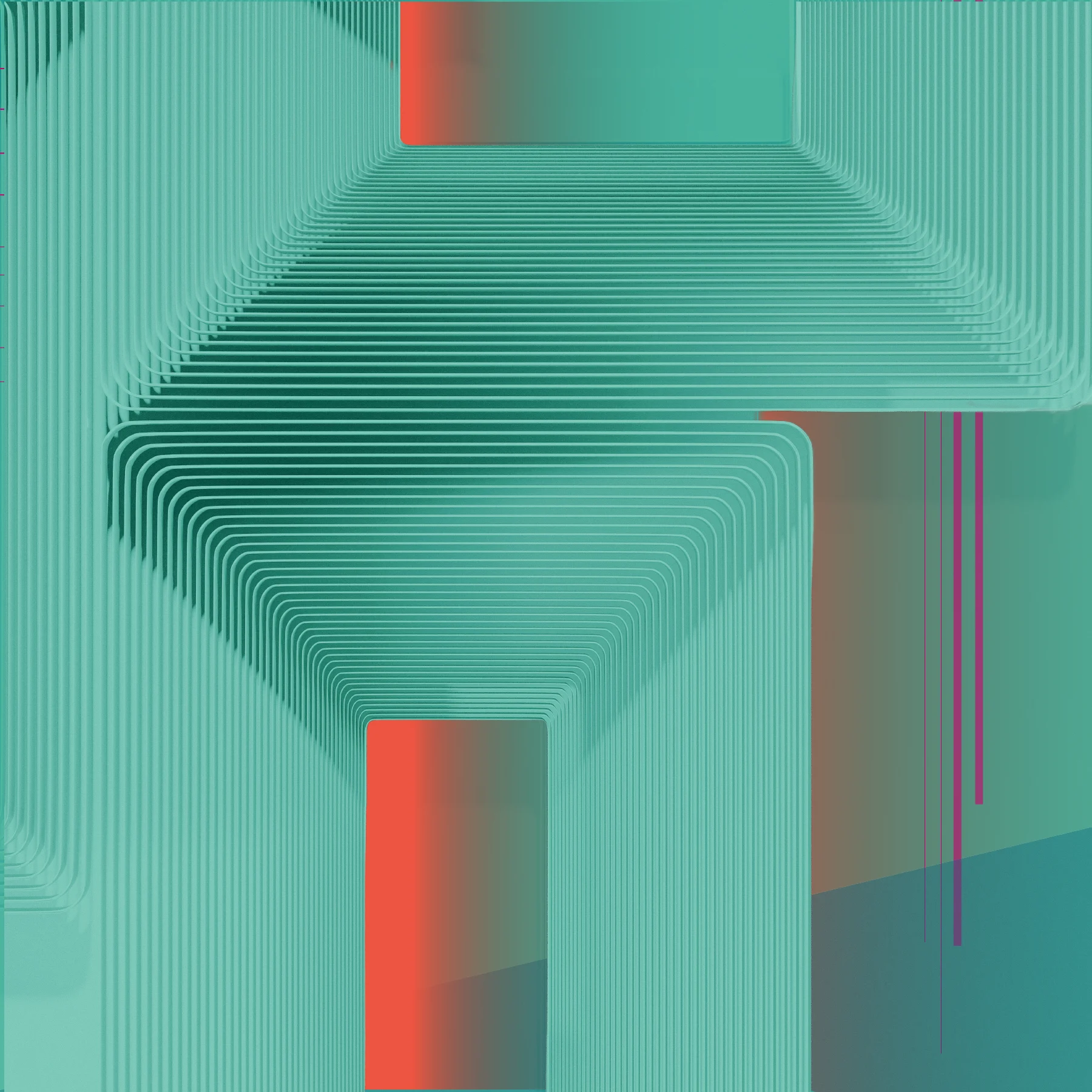 An abstract geometric design of layered teal lines forming rounded rectangular shapes. Soft gradients of teal and coral appear in the background, with a few thin vertical magenta lines on the right.