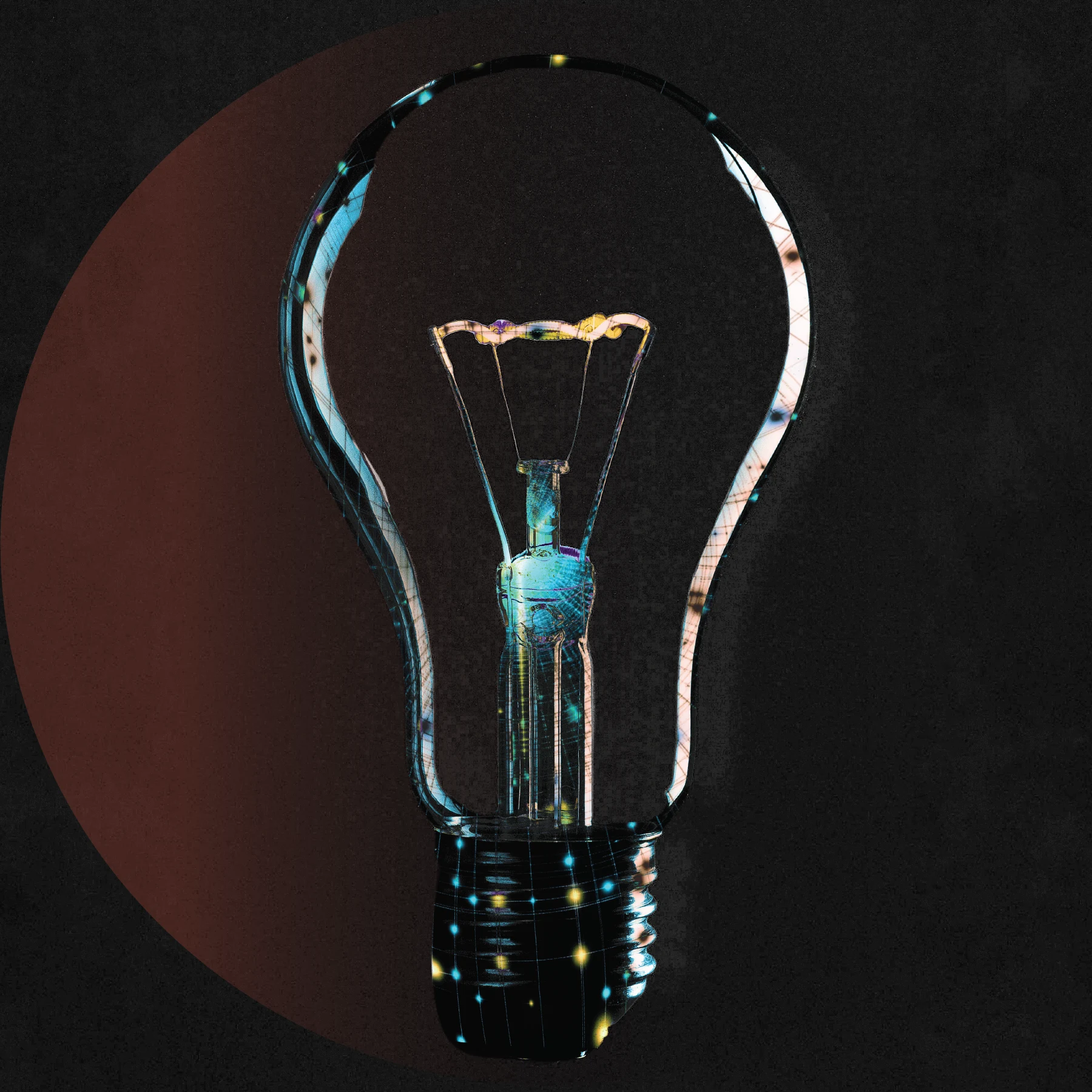 Close-up of a clear light bulb against a black background, overlaid with glowing blue and yellow digital grid patterns. A large faded red circle appears behind the bulb.