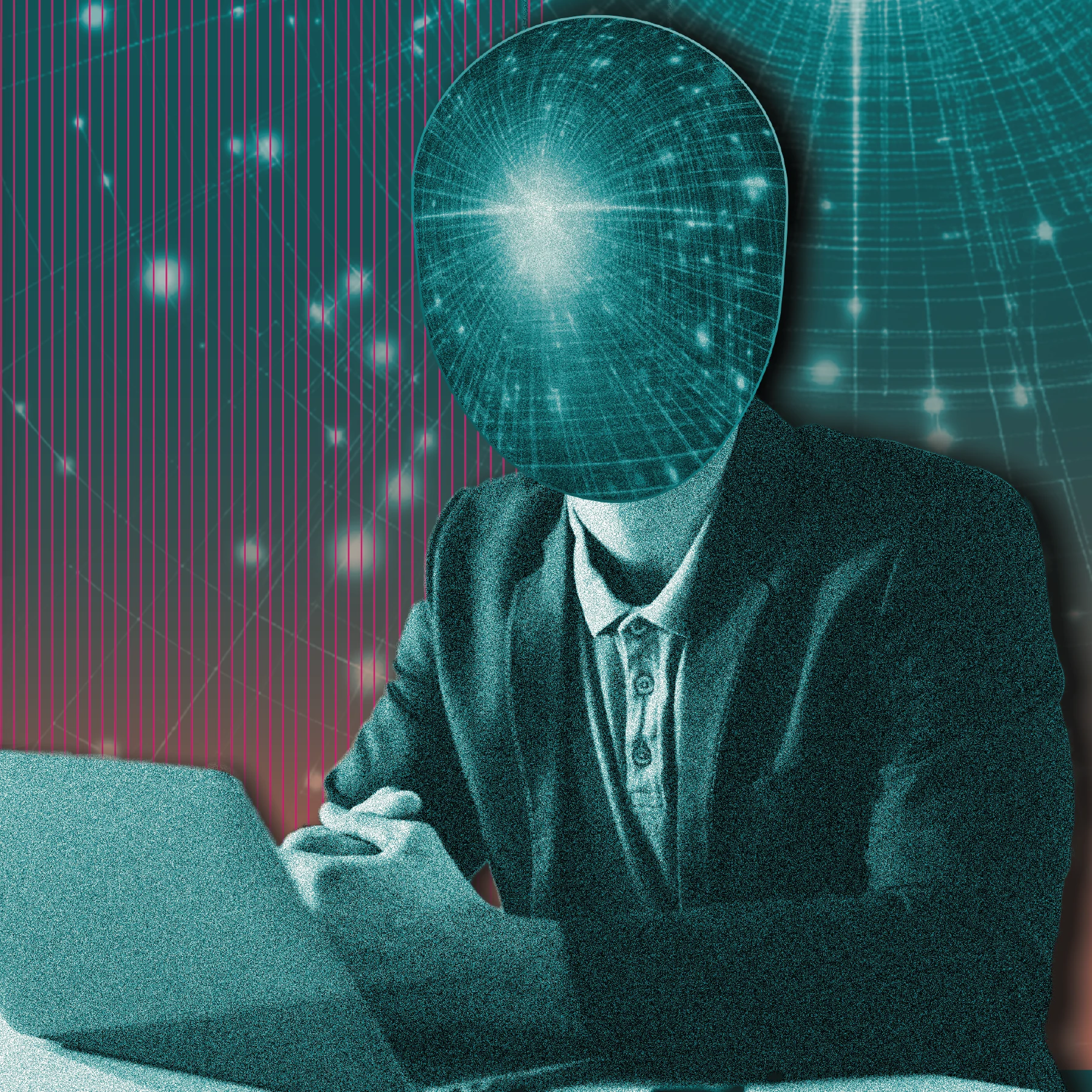 Person in a suit using a laptop, with a head replaced by a glowing, grid-like sphere. Background includes glowing dots amd abstract lines in teal and pink tones.