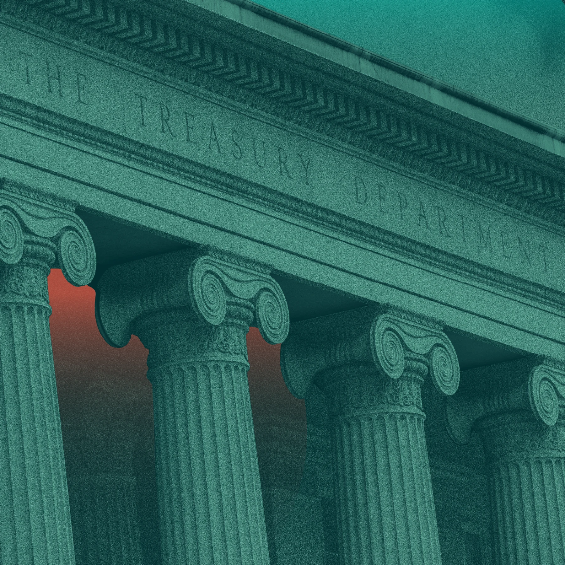 A close-up of the U.S. Treasury Department building with large classical columns and engraved stone. The image is tinted teal with a reddish sky in the background.