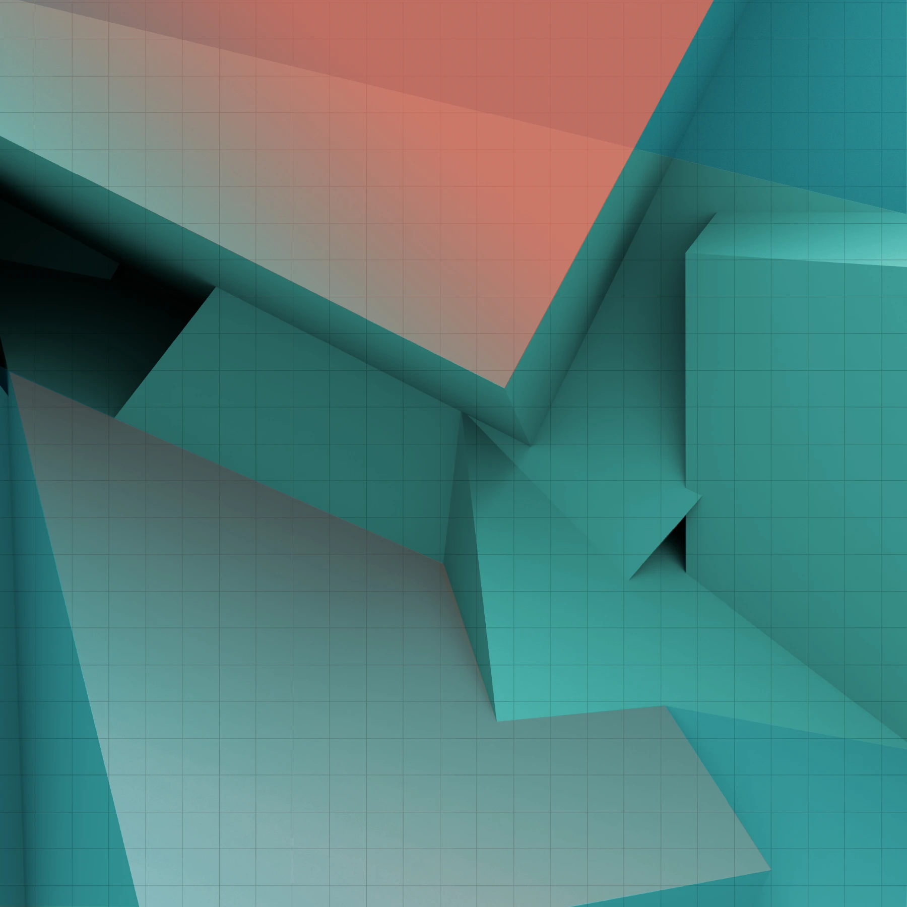 An abstract image with overlapping teal and red geometric shapes with a faint grid pattern over the entire composition.
