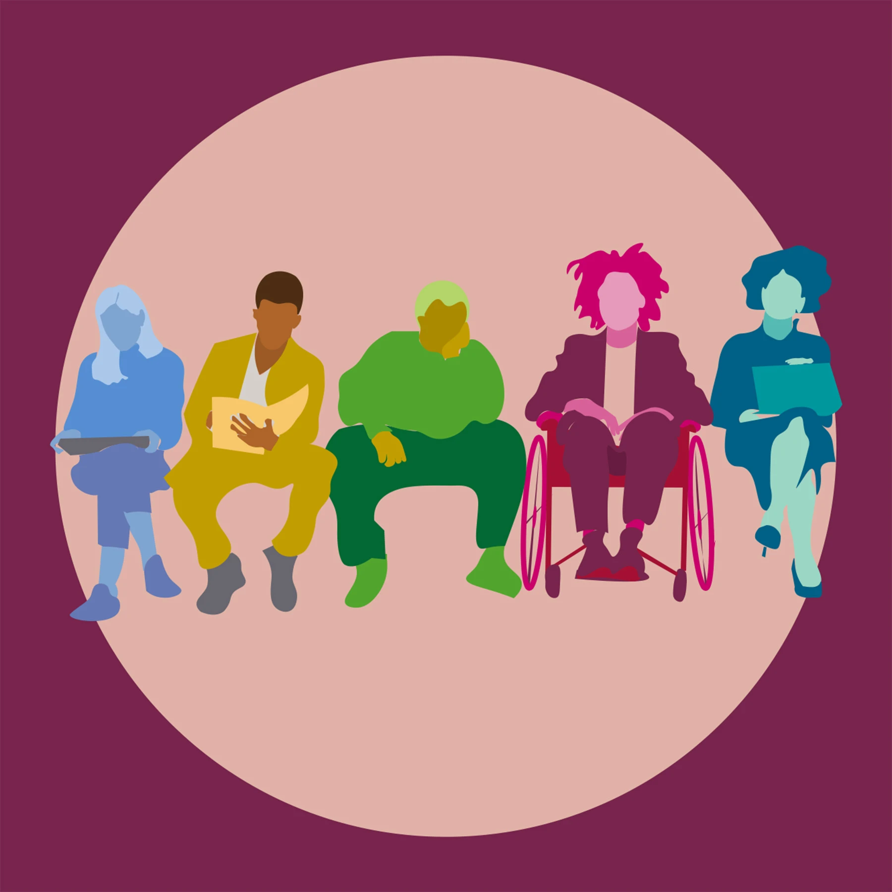 Row of colorful silhouettes of people representing different identities against a pink background. 