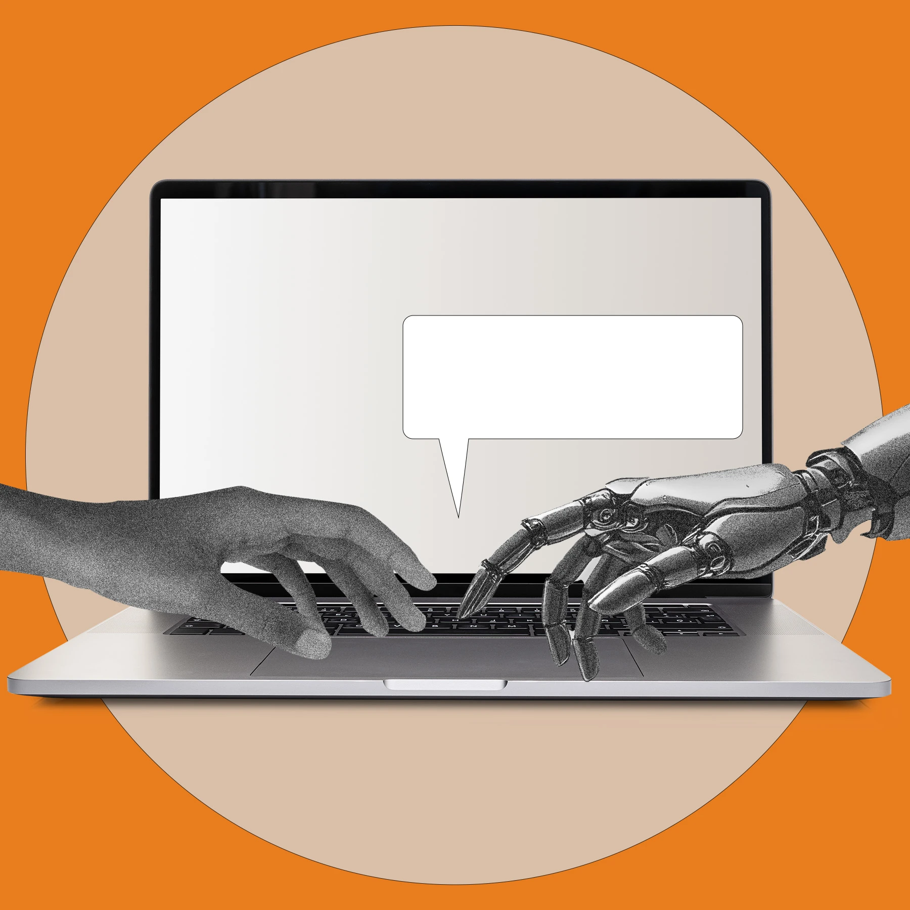 Laptop with chat bubble on screen, with human and robot hands on the keyboard