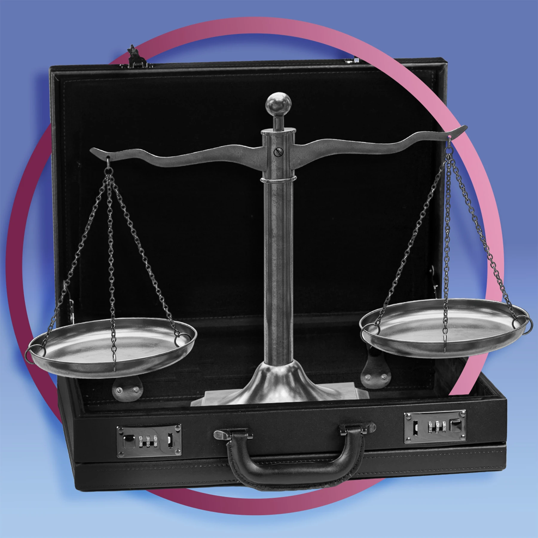 Scale of justice in an open suitcase